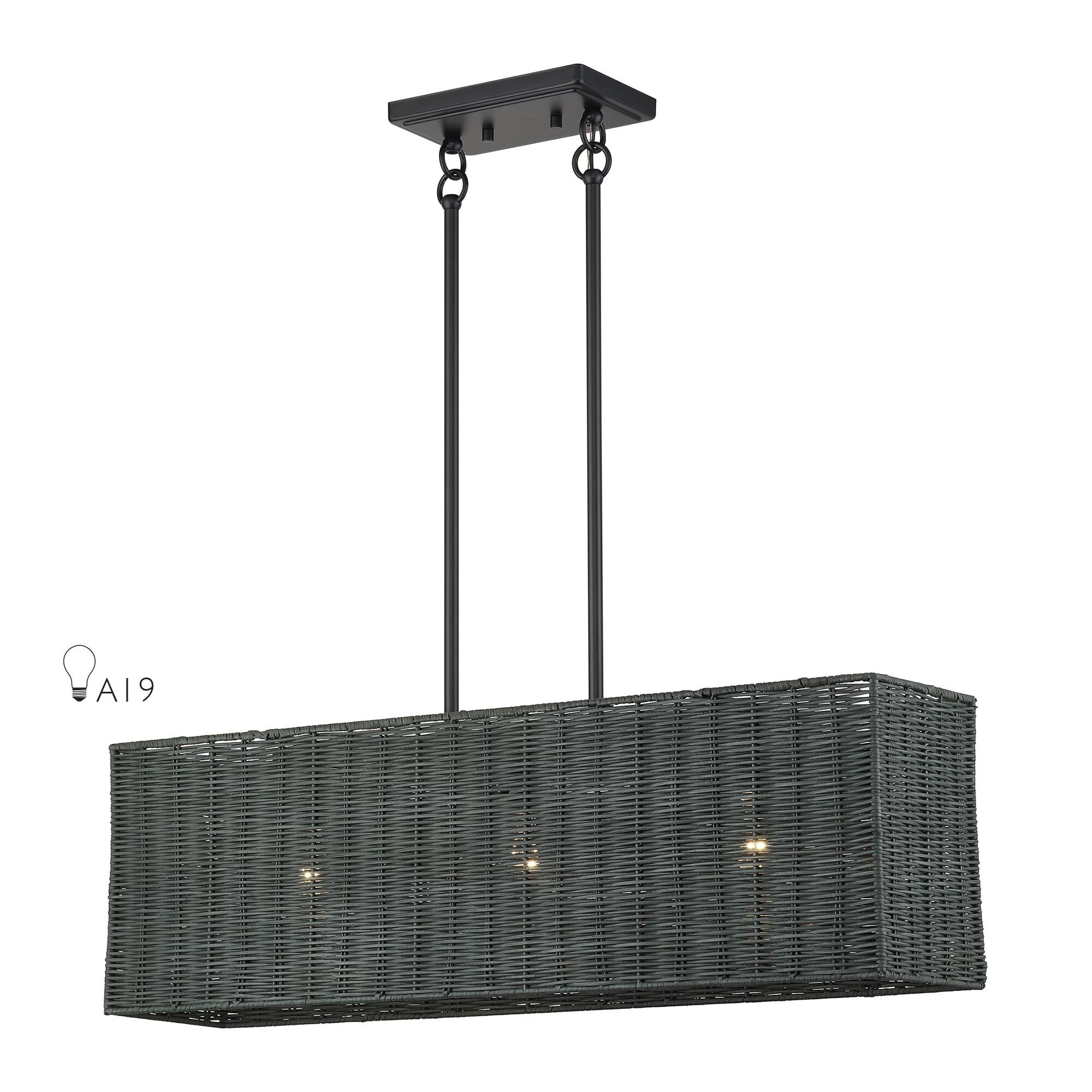 Shown in Black finish and Hand-Woven Charred Gray Color Rattan shade