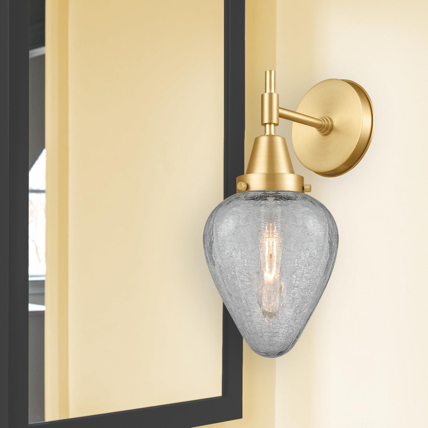 Shown in Satin Gold finish and Clear Crackle Geneseo glass