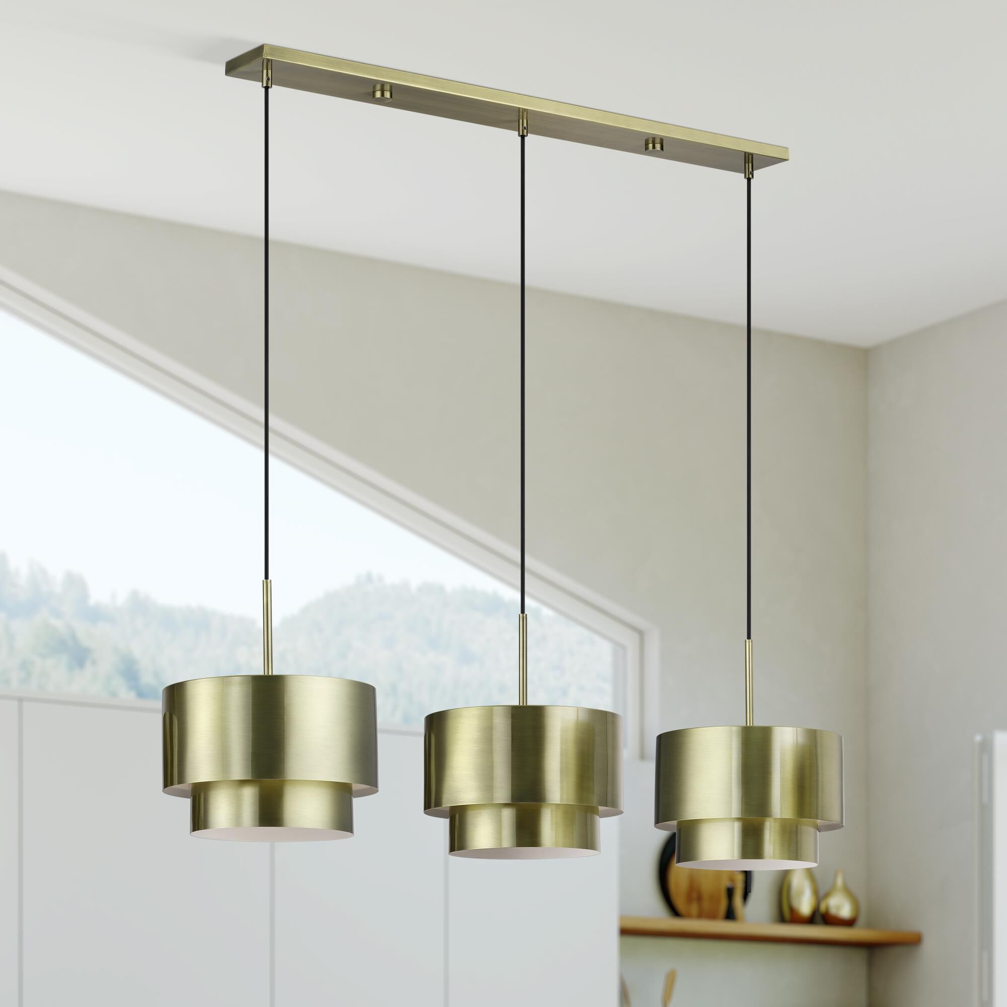 Shown in Antique Brass finish and Antique Brass Steel with Shiny White Inside shade