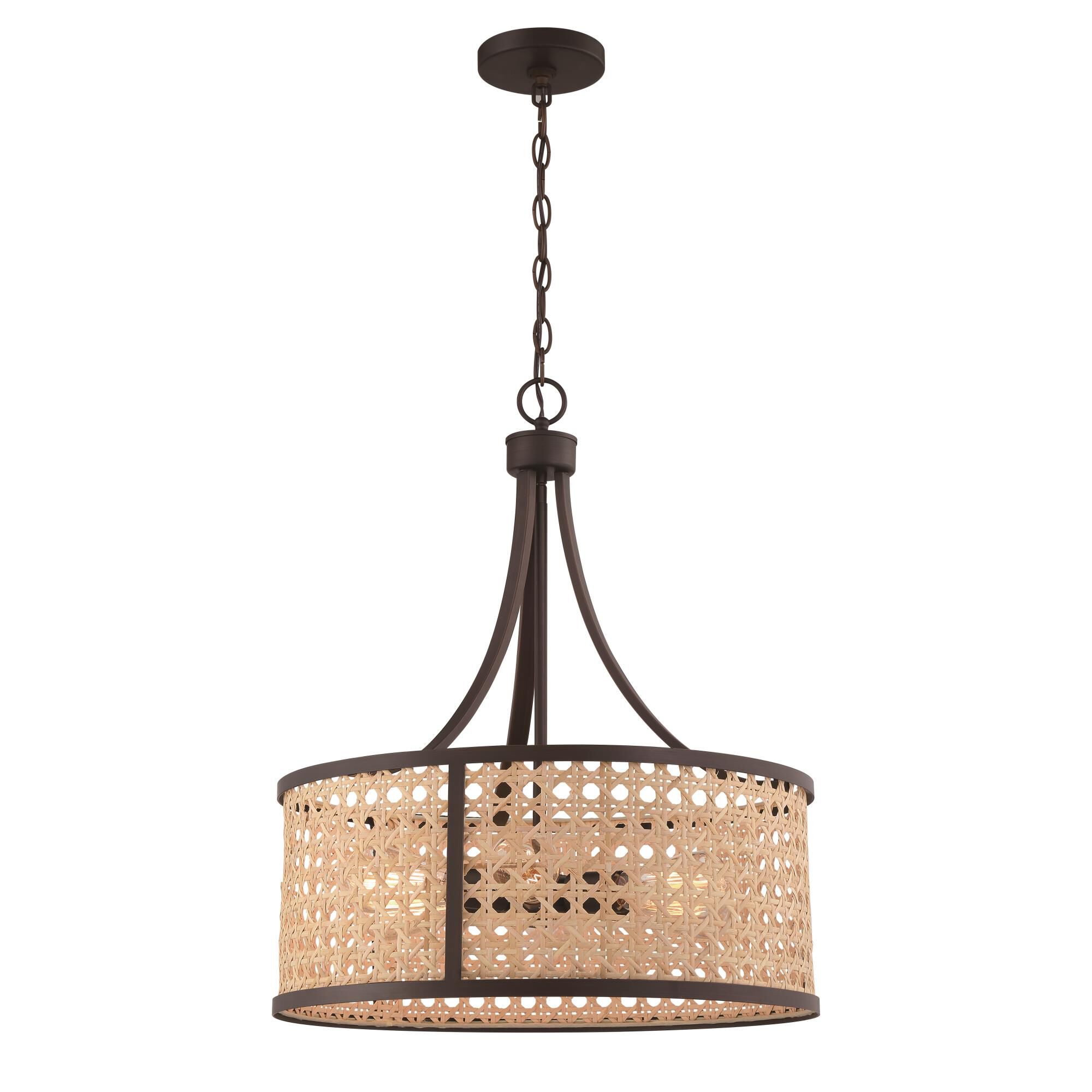Shown in Aged Bronze Brushed finish and Natural glass and Rattan shade