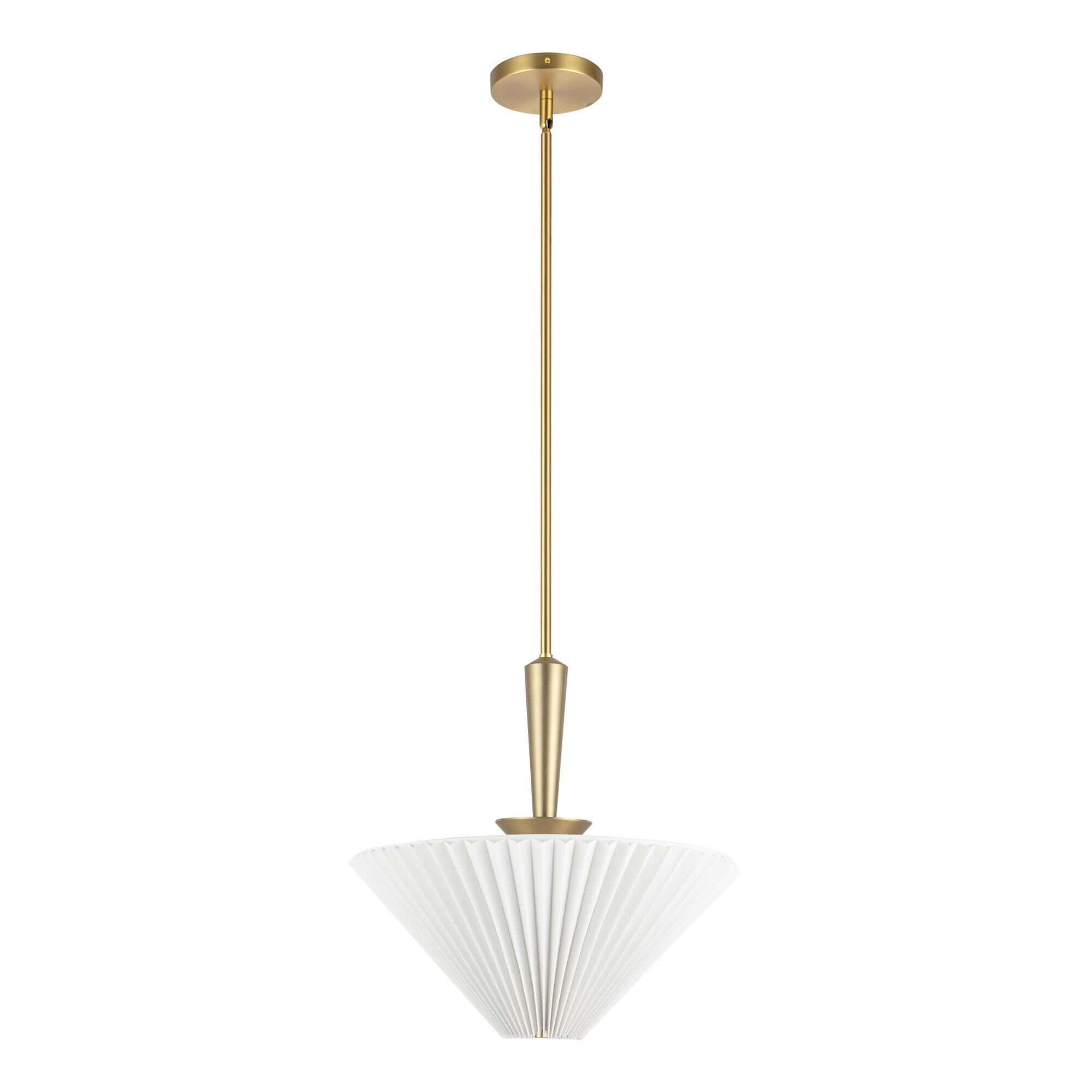 Shown in Brushed Gold finish and White Acrylic Diffuser glass and White Folded Linen shade