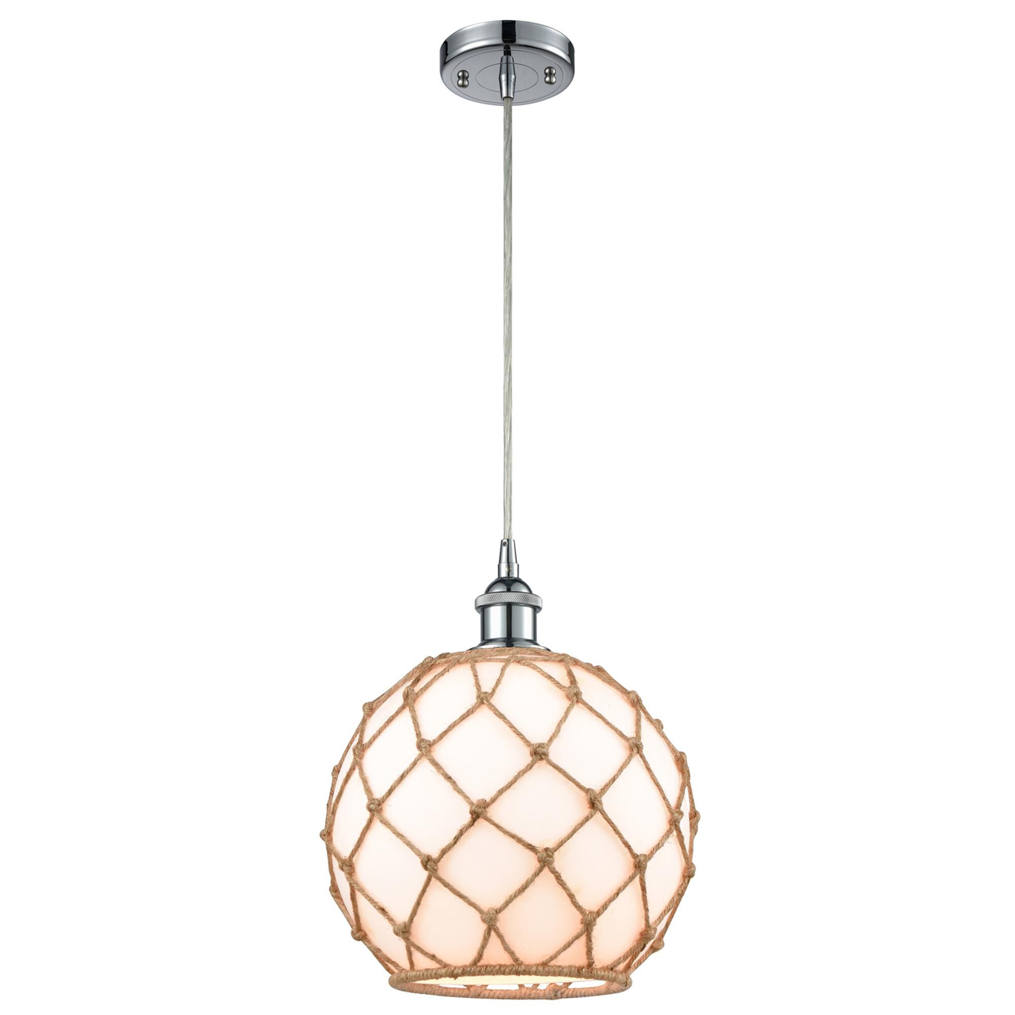 Shown in Polished Chrome finish and White With Black Rope glass