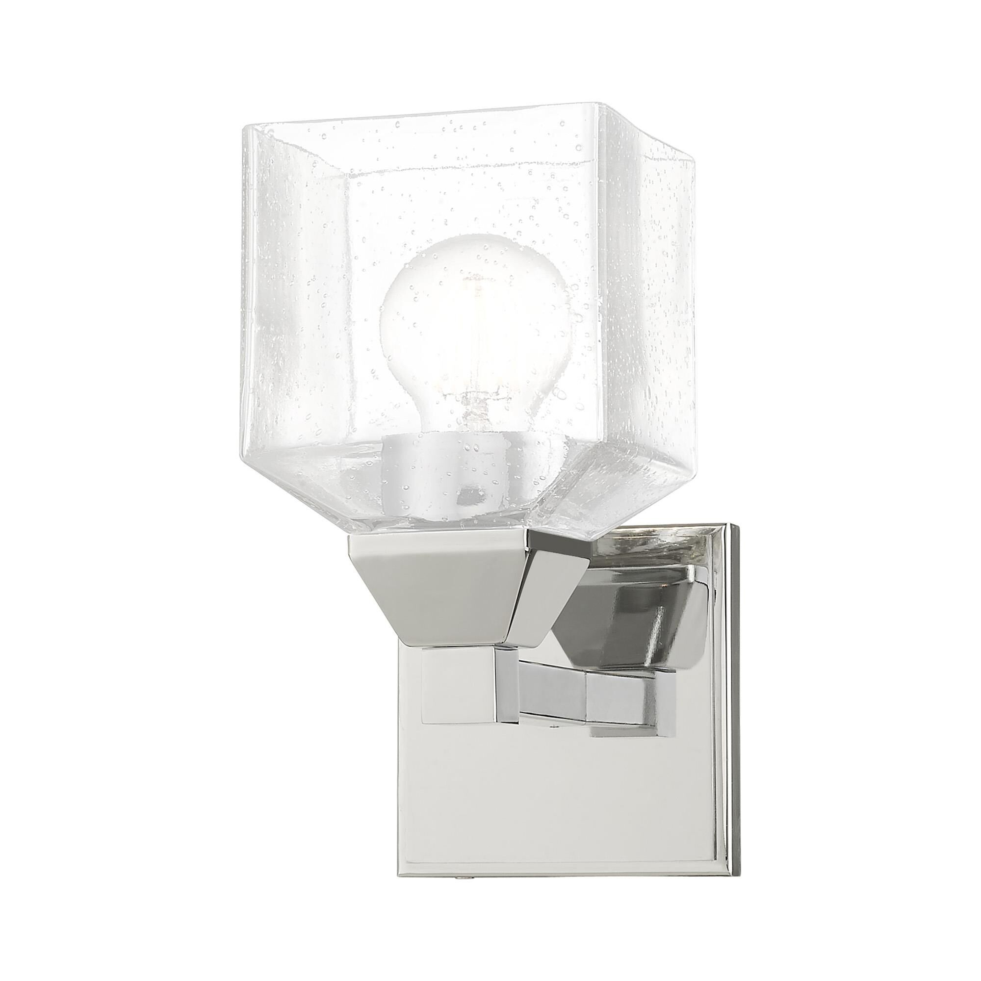 Shown in Polished Chrome finish and Hand Blown Clear Seeded glass