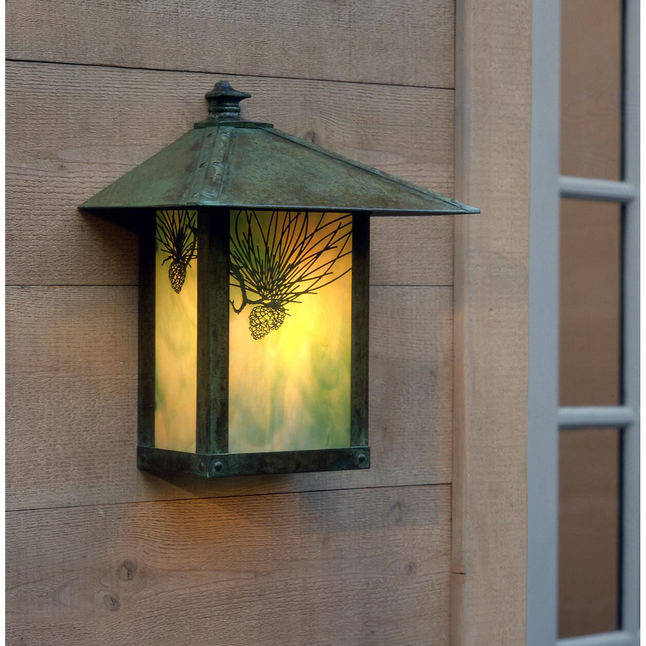 Shown in Verdigris Patina finish and Gold White Iridescent glass and Pine Needle accent