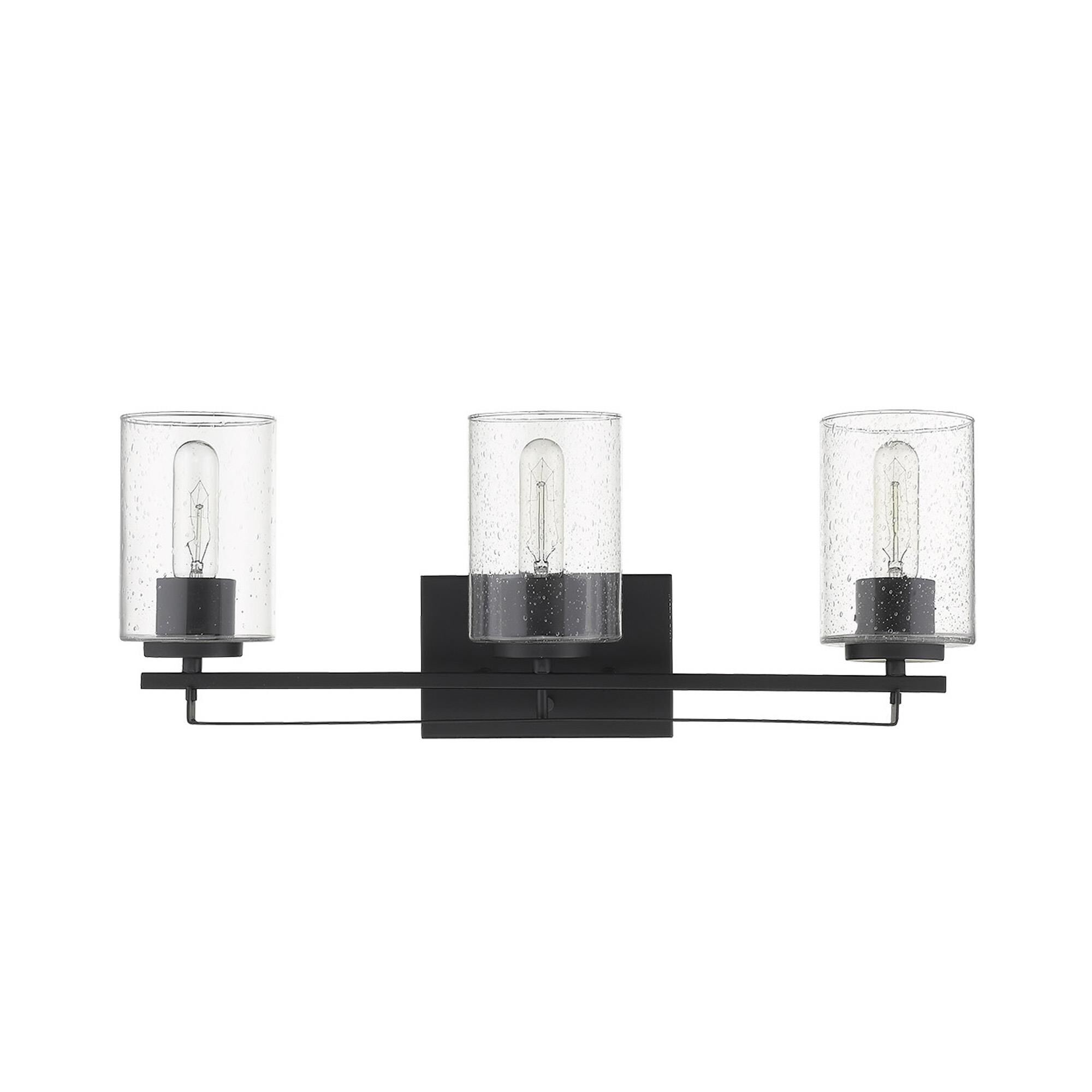 Shown in Matte Black finish and Clear glass and Clear, Seeded Cylindrical Glass s shade