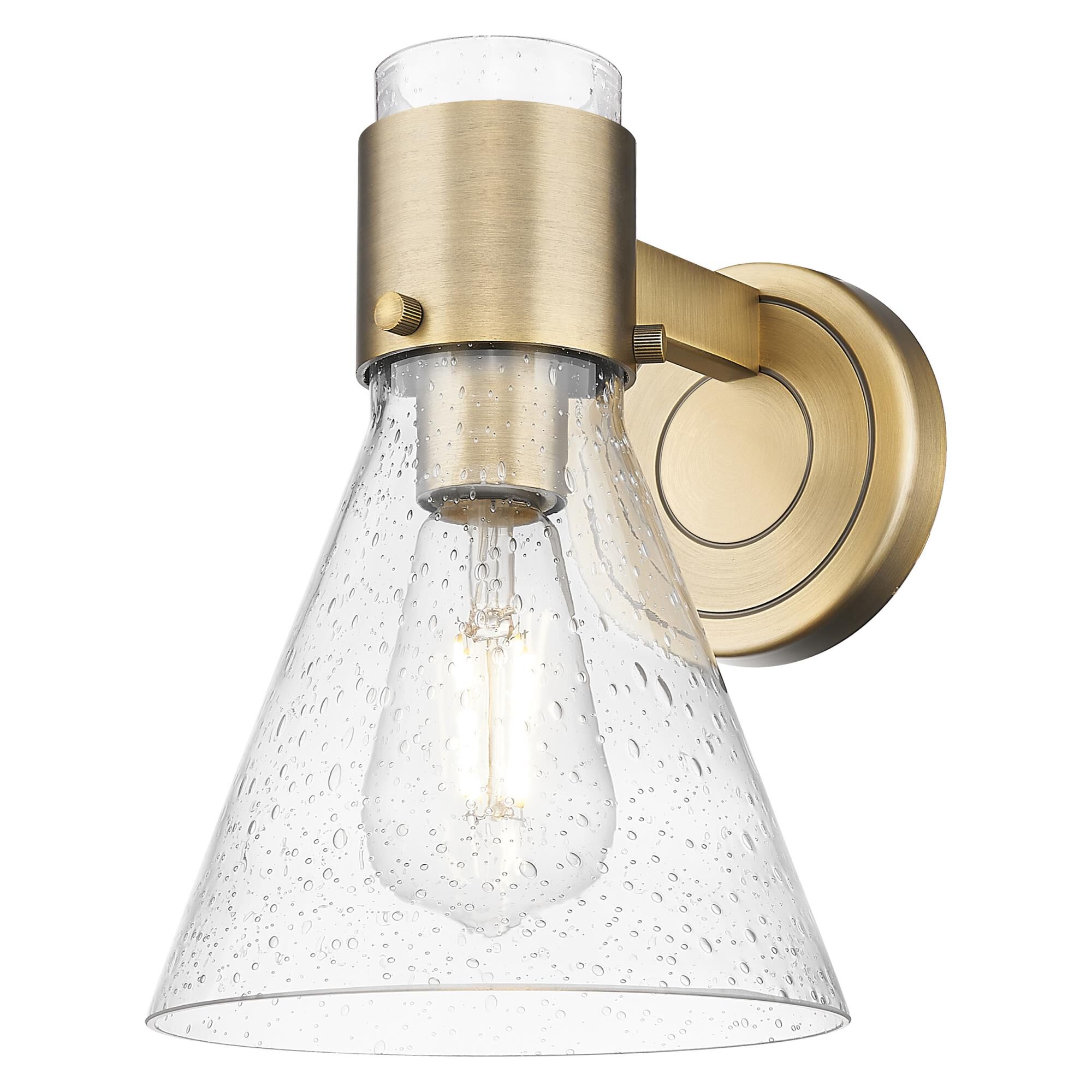 Shown in Brushed Brass finish and Seedy glass