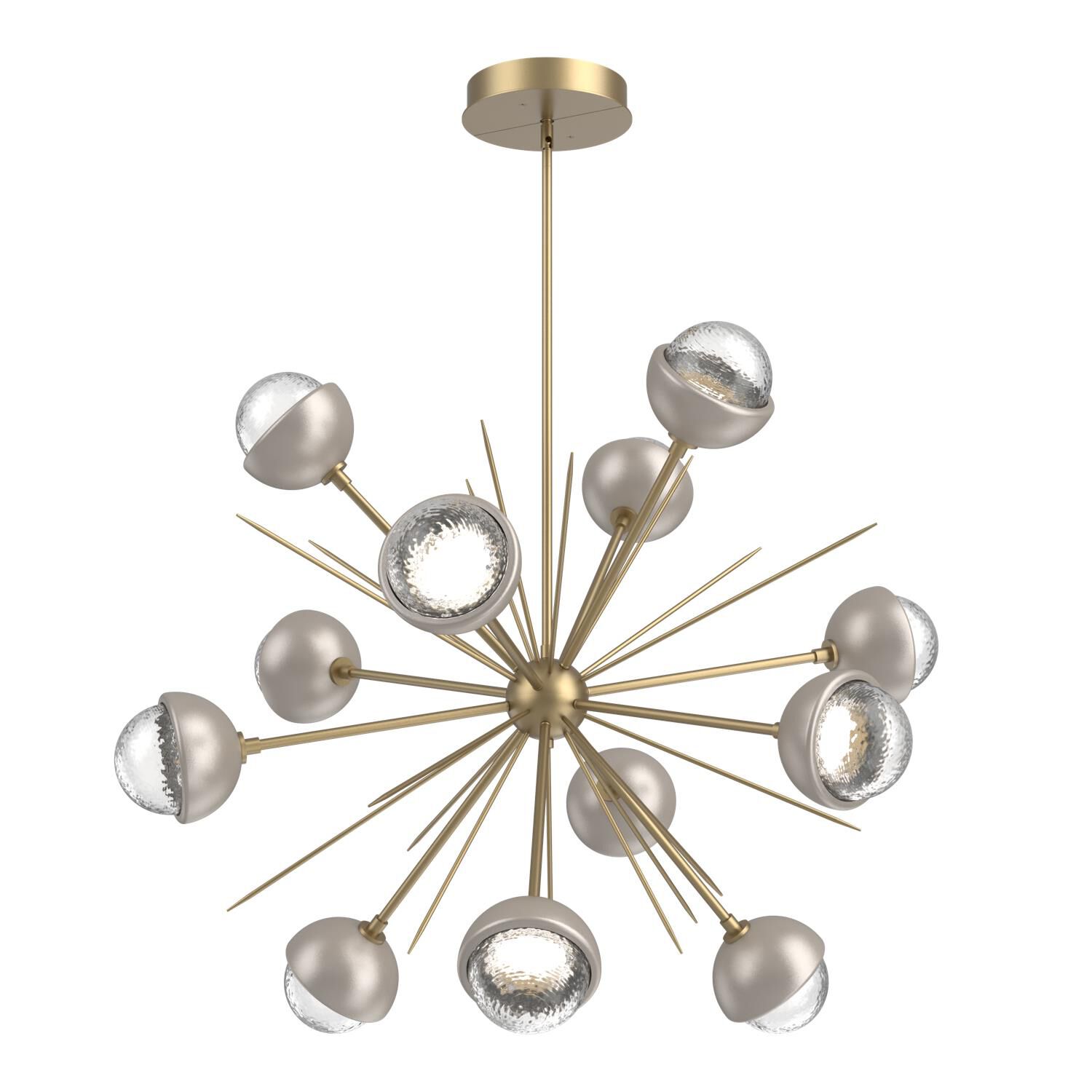 Shown in Gilded Brass finish and Clear glass and Beige Silver accent