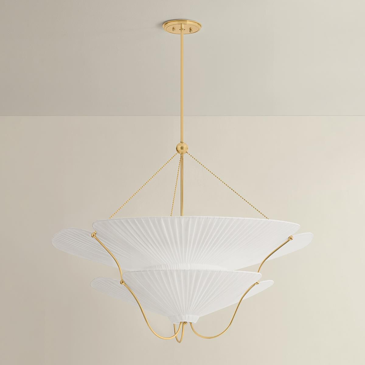Shown in Aged Brass finish and Ivory Linen shade