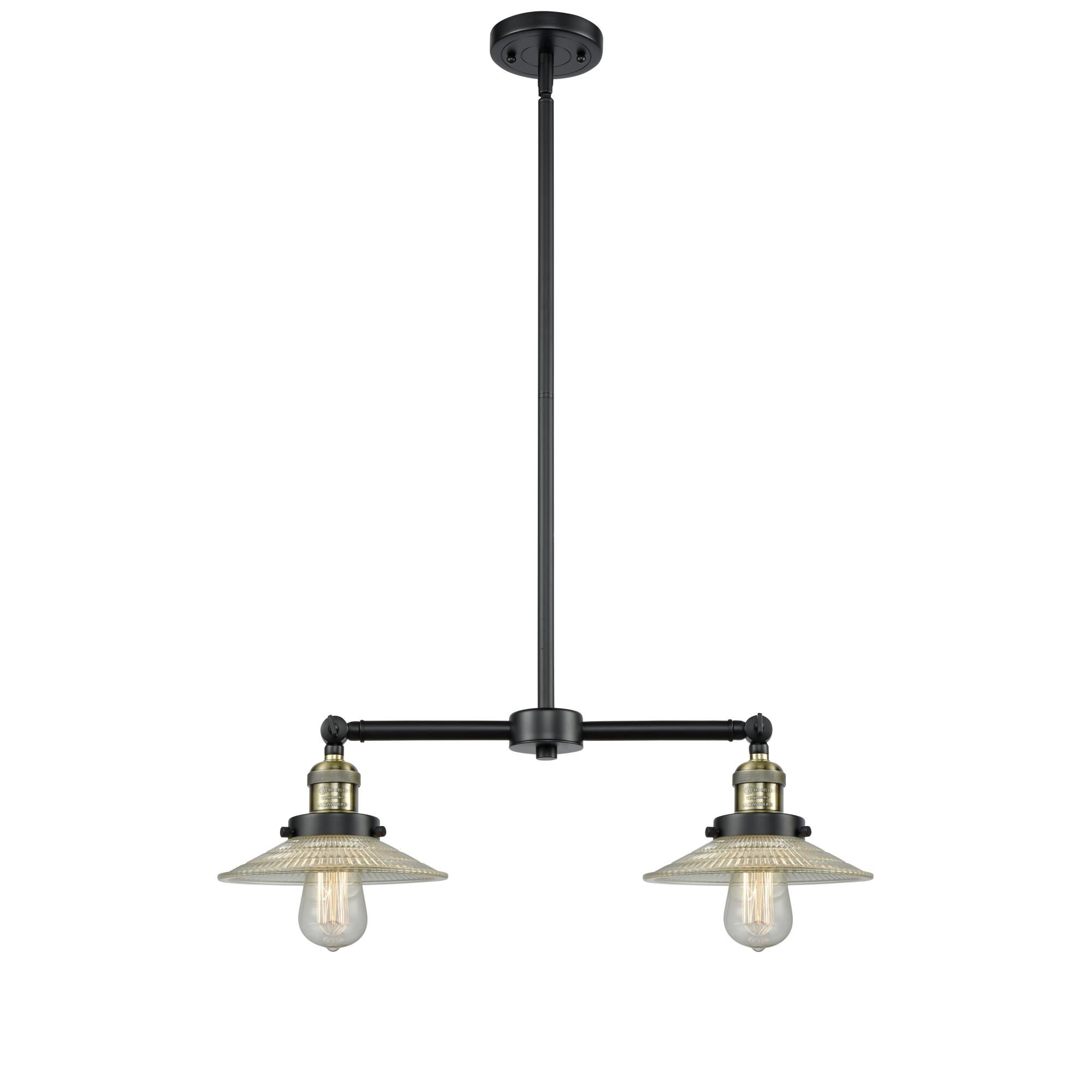 Shown in Black Antique Brass finish and Clear Halophane glass