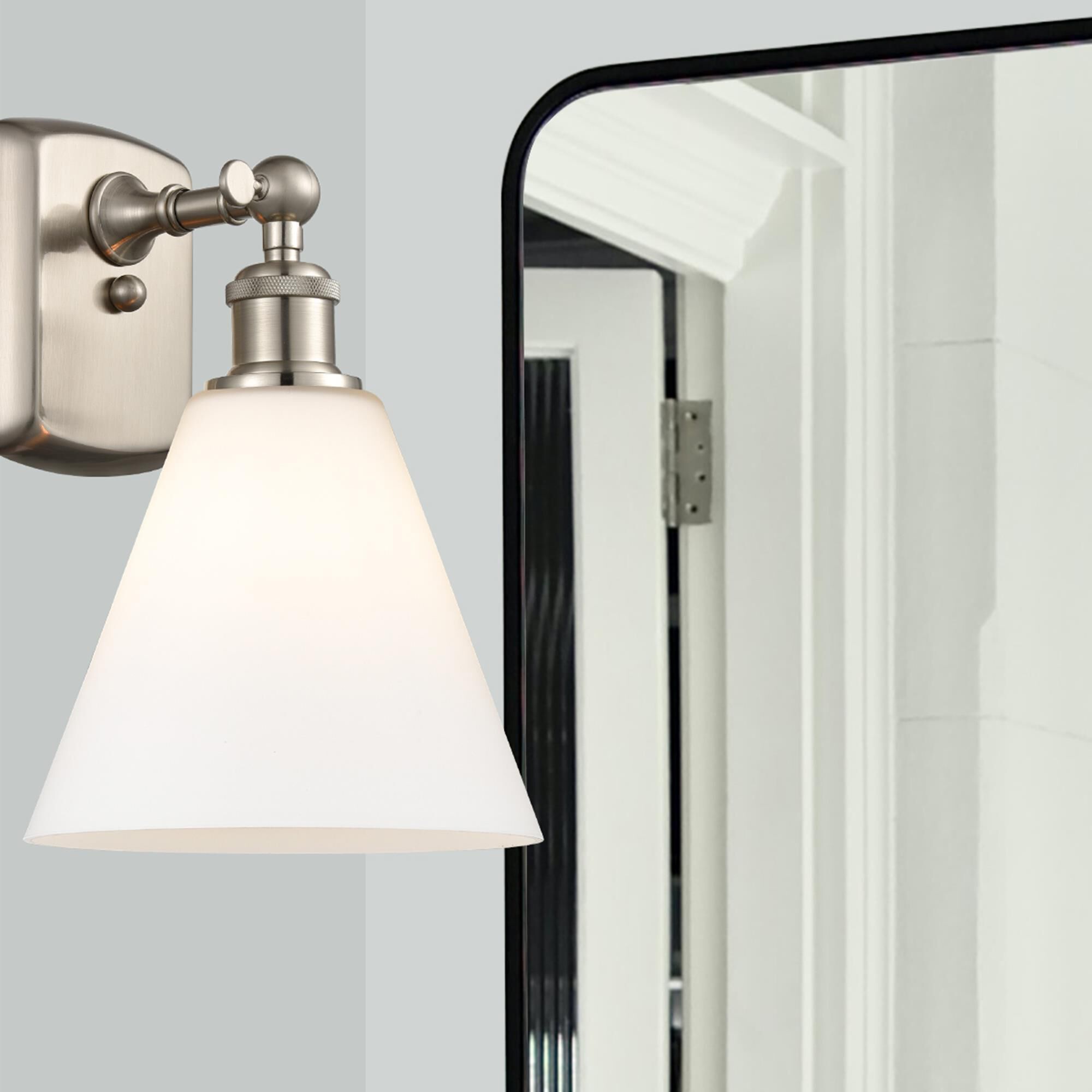 Shown in Brushed Satin Nickel finish and Cased Matte White Ballston Cone glass and No Shade shade