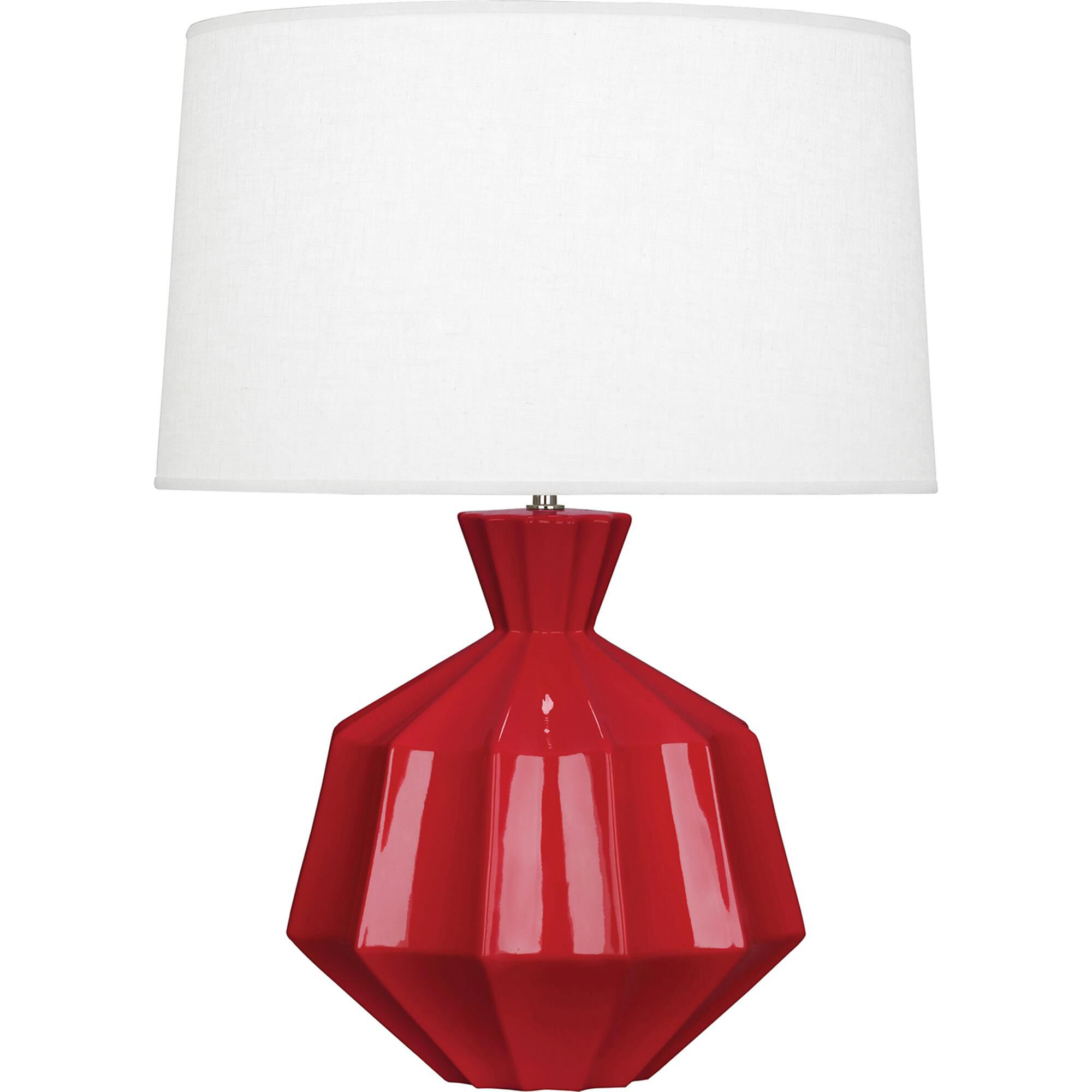 Shown in Ruby Red Glazed Ceramic finish and Oyster Linen With Self Fabric Top Diffuser shade