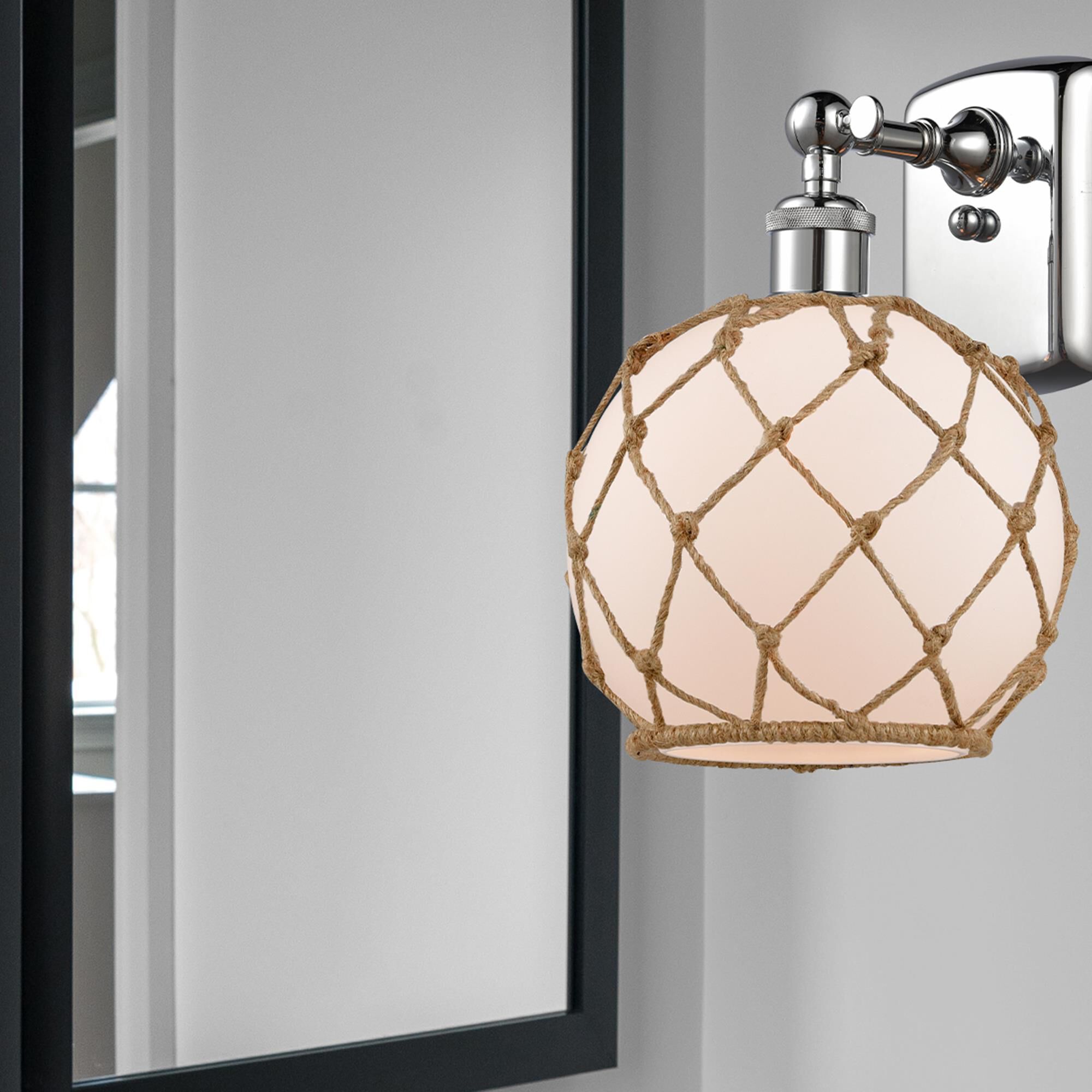 Shown in Polished Chrome finish and White With Black Rope glass