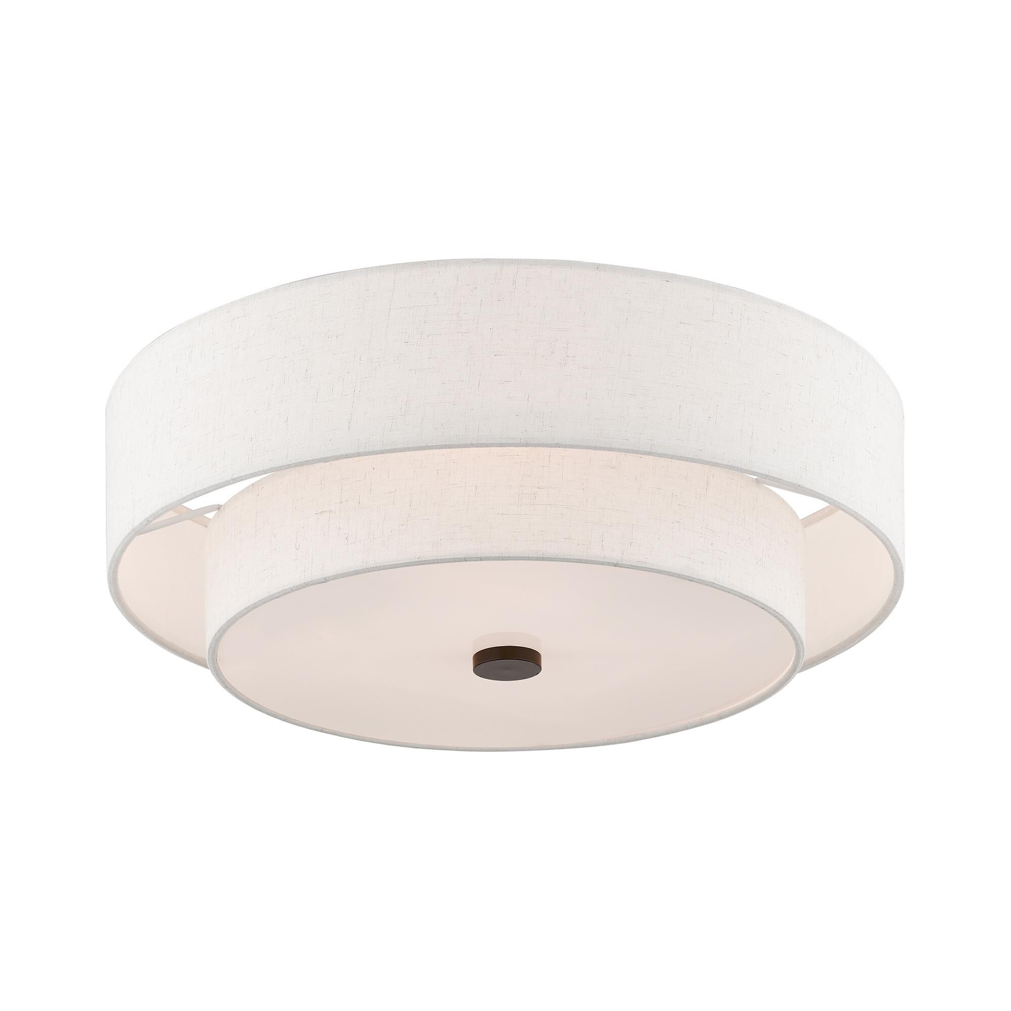 Shown in English Bronze finish and Hand Crafted Oatmeal Color Fabric Outside & White Fabric Inside Hardback shade