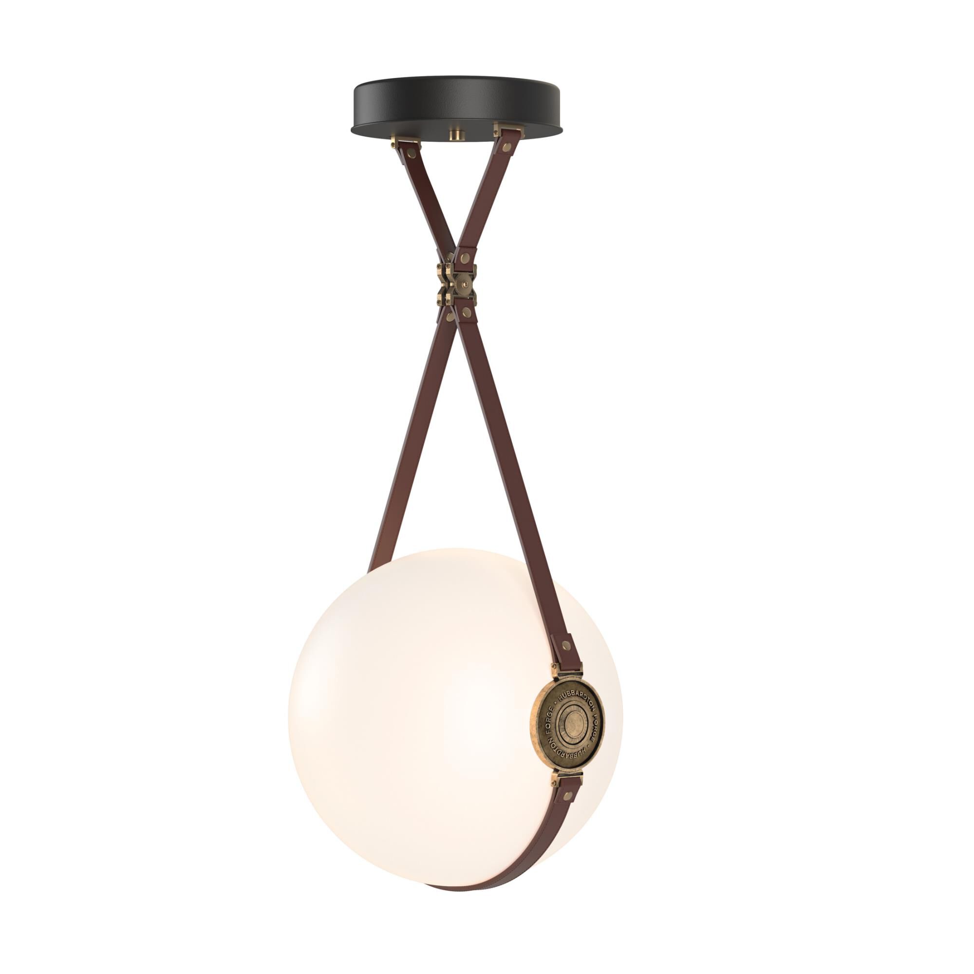 Shown in Brass with Black finish and Opal glass and Leather British Brown accent