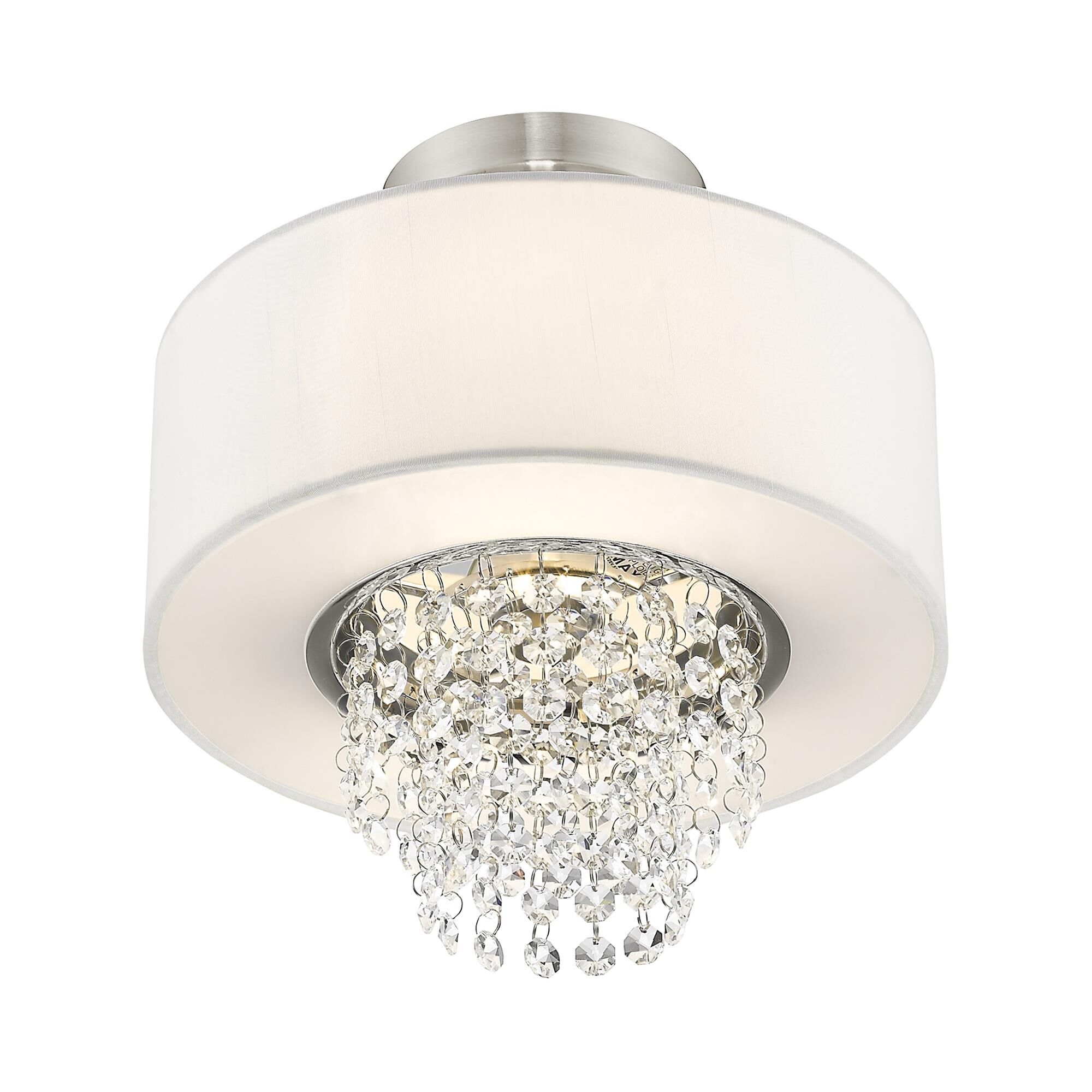 Shown in Brushed Nickel finish and Clear crystal and Off-White Sheer Organza shade