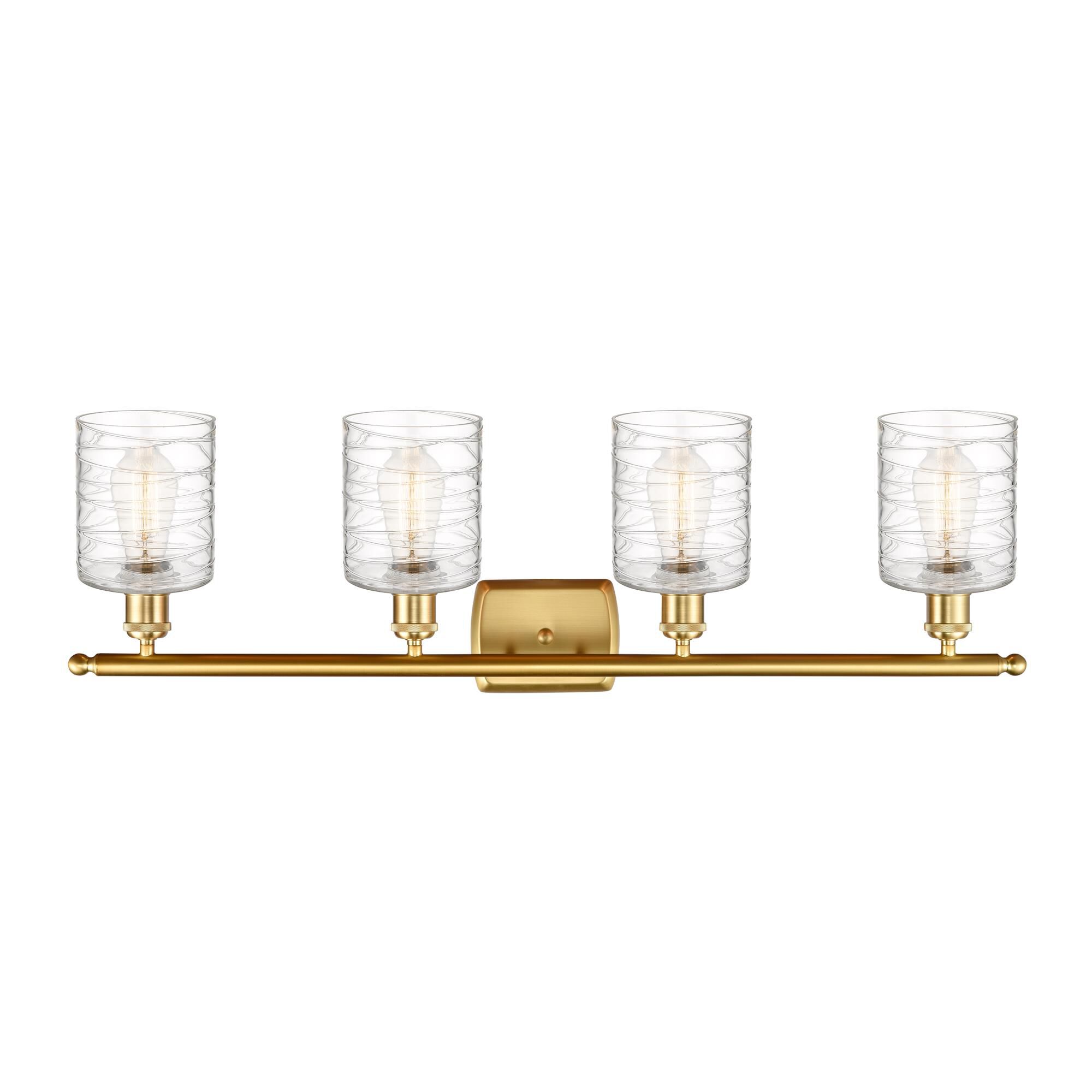 Shown in Satin Gold finish and Deco Swirl glass