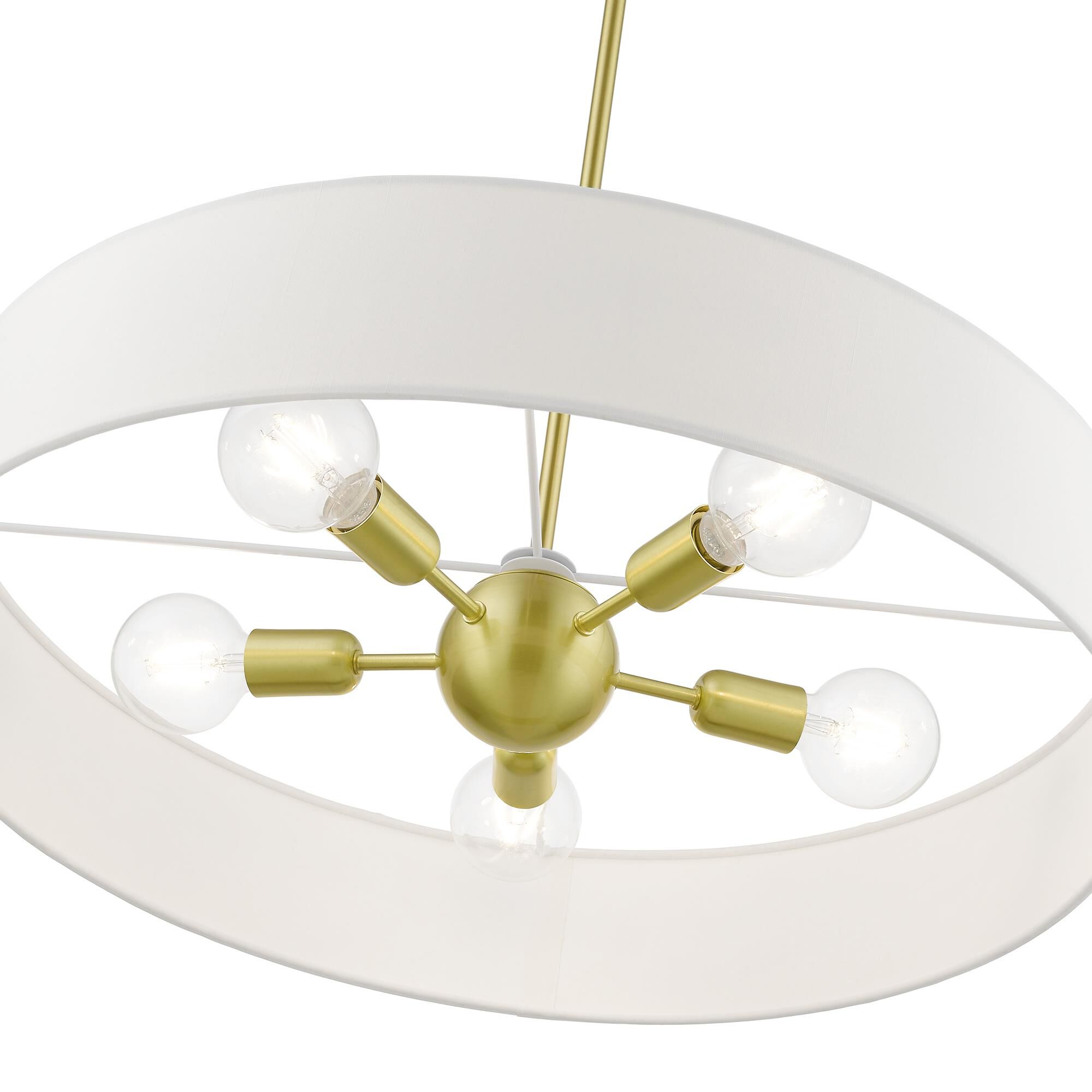 Shown in Satin Brass with Shiny White Accents finish and Hand Crafted Off-White Hardback Fabric shade