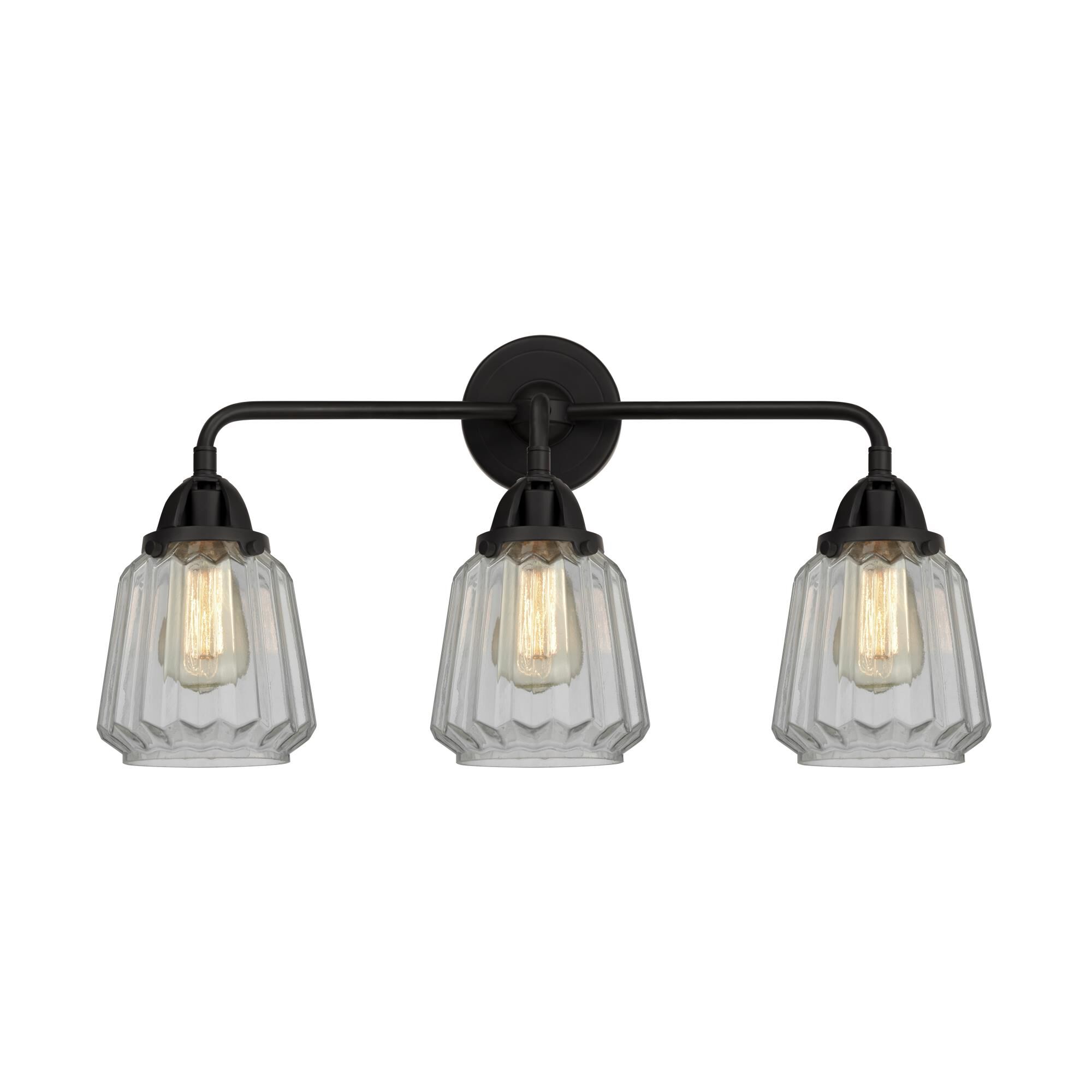 Shown in Matte Black finish and Clear Chatham glass and No Shade shade