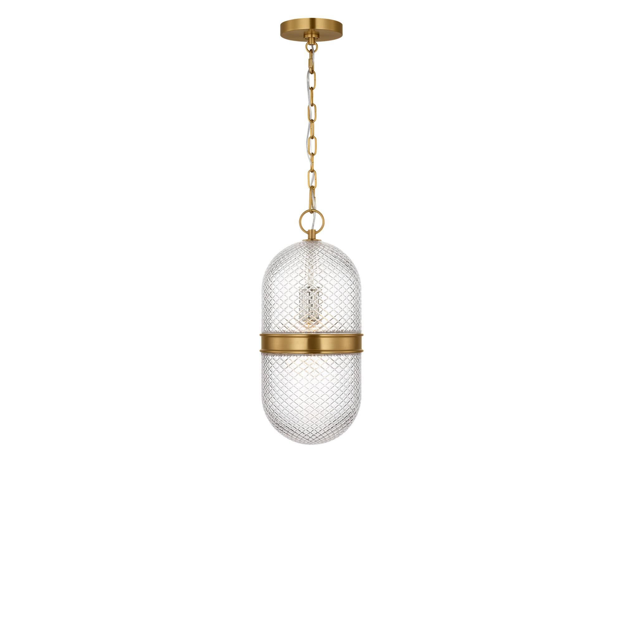 Shown in Burnished Brass finish and Textured Transparent Prismatic glass