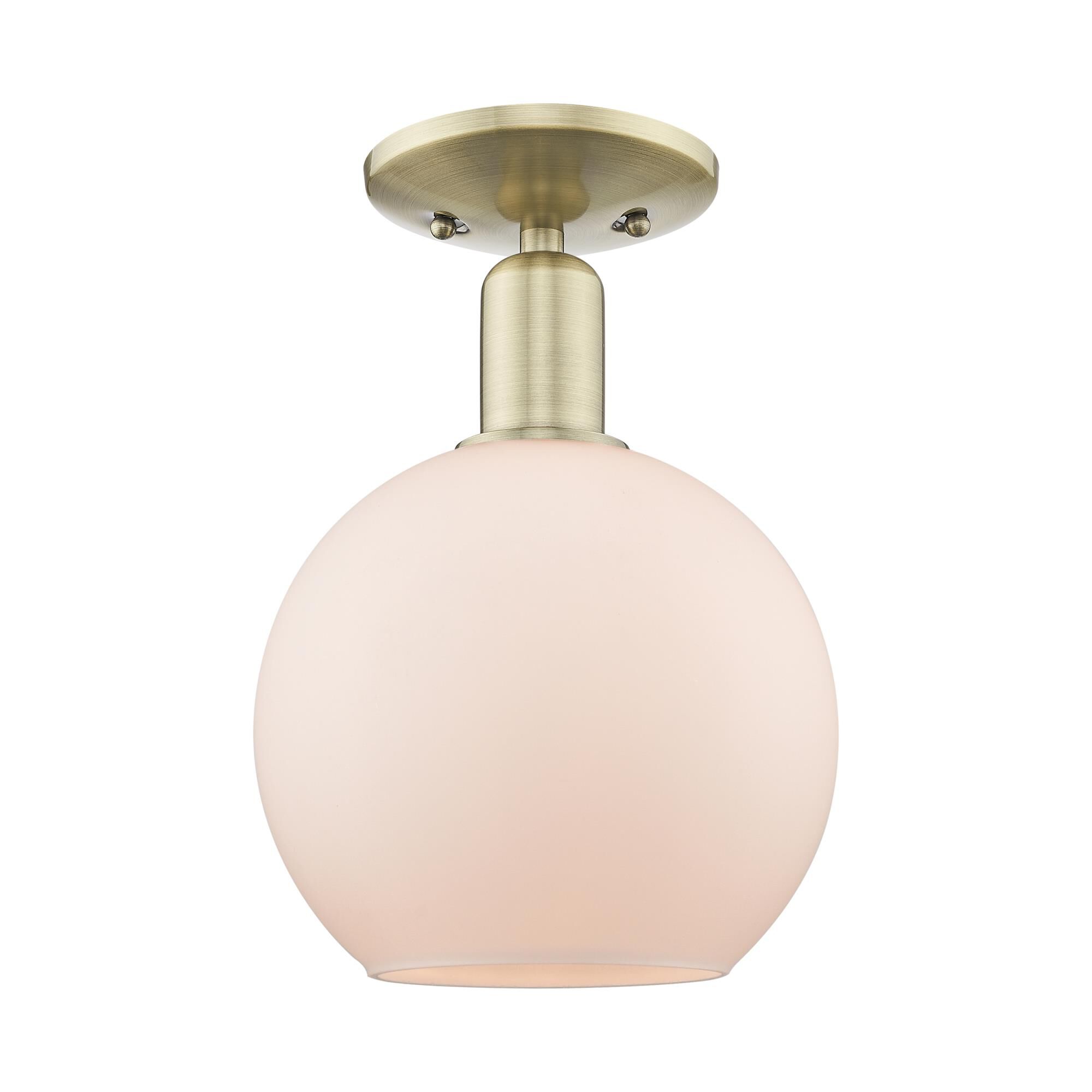 Shown in Antique Brass finish and Matte White glass