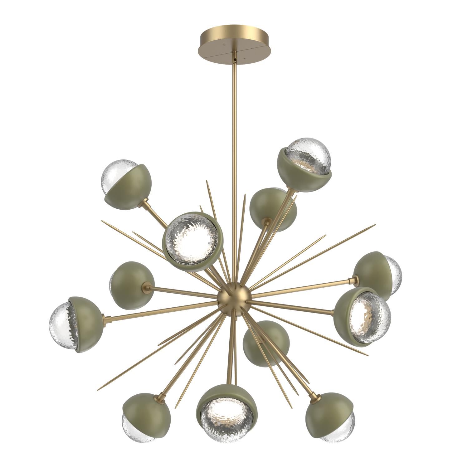Shown in Gilded Brass finish and Clear glass and Sage Green accent