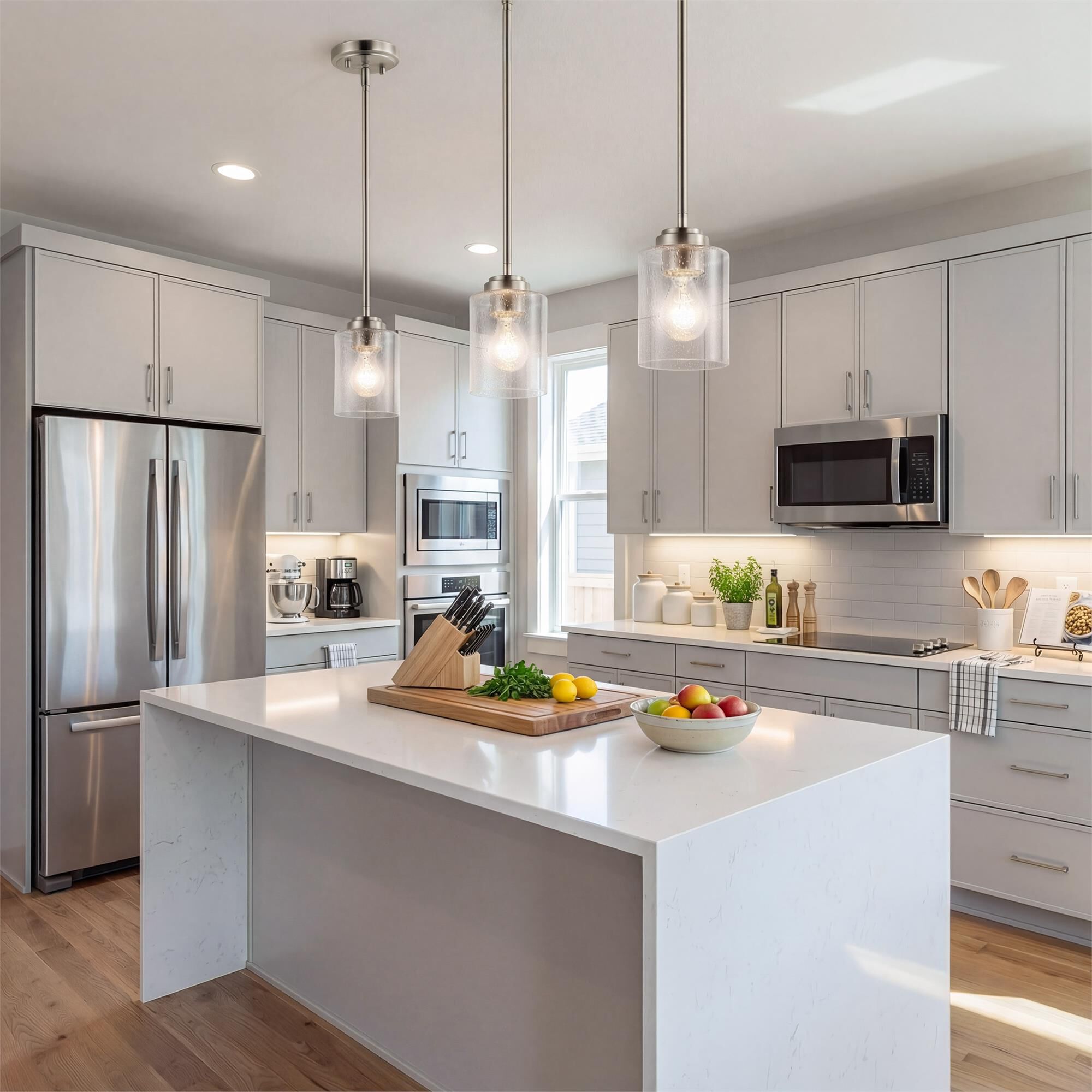 Shown in Brushed Nickel finish and Clear Seeded glass