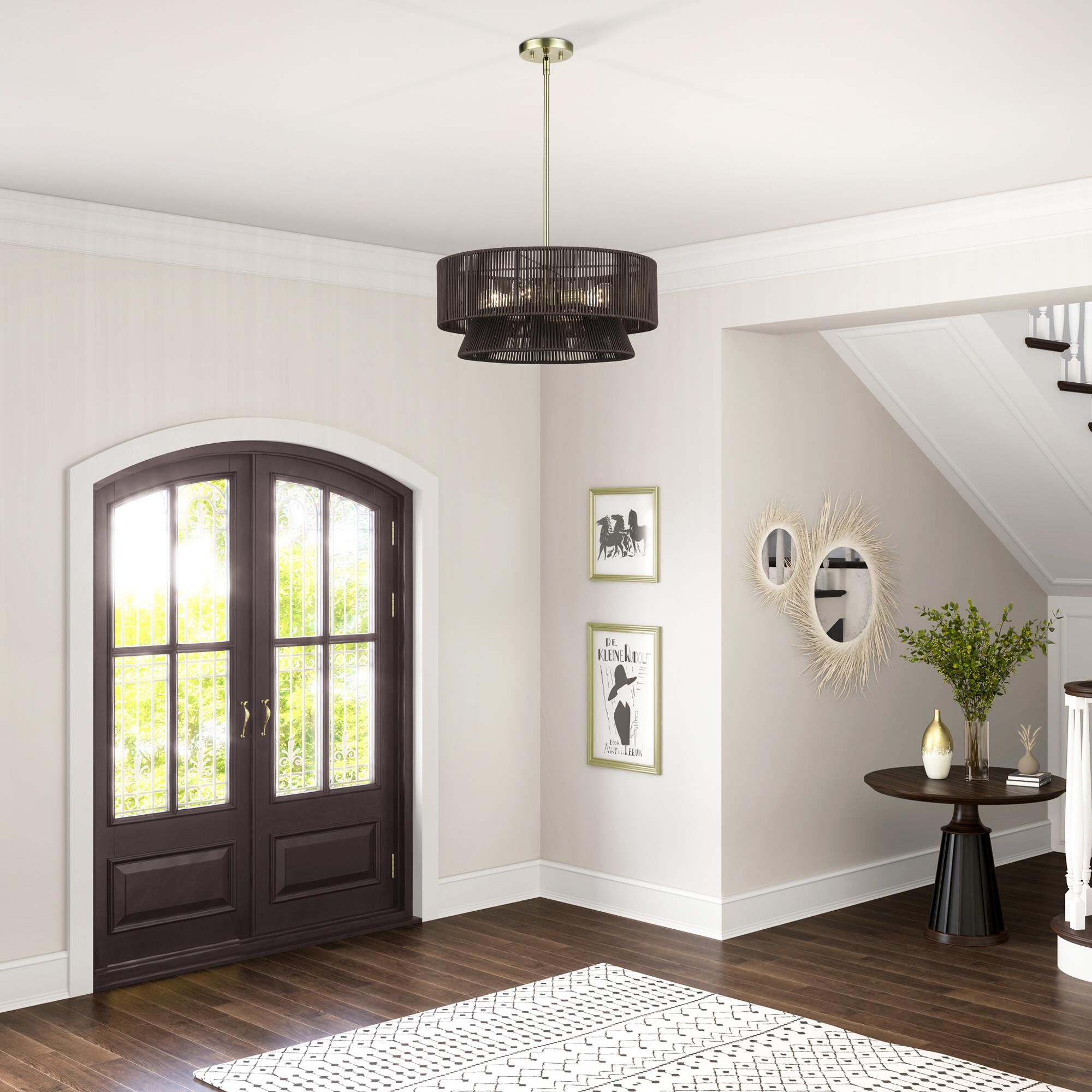 Shown in Antique Brass finish and Hand-Woven Dark Chocolate Color Polyester Rope shade