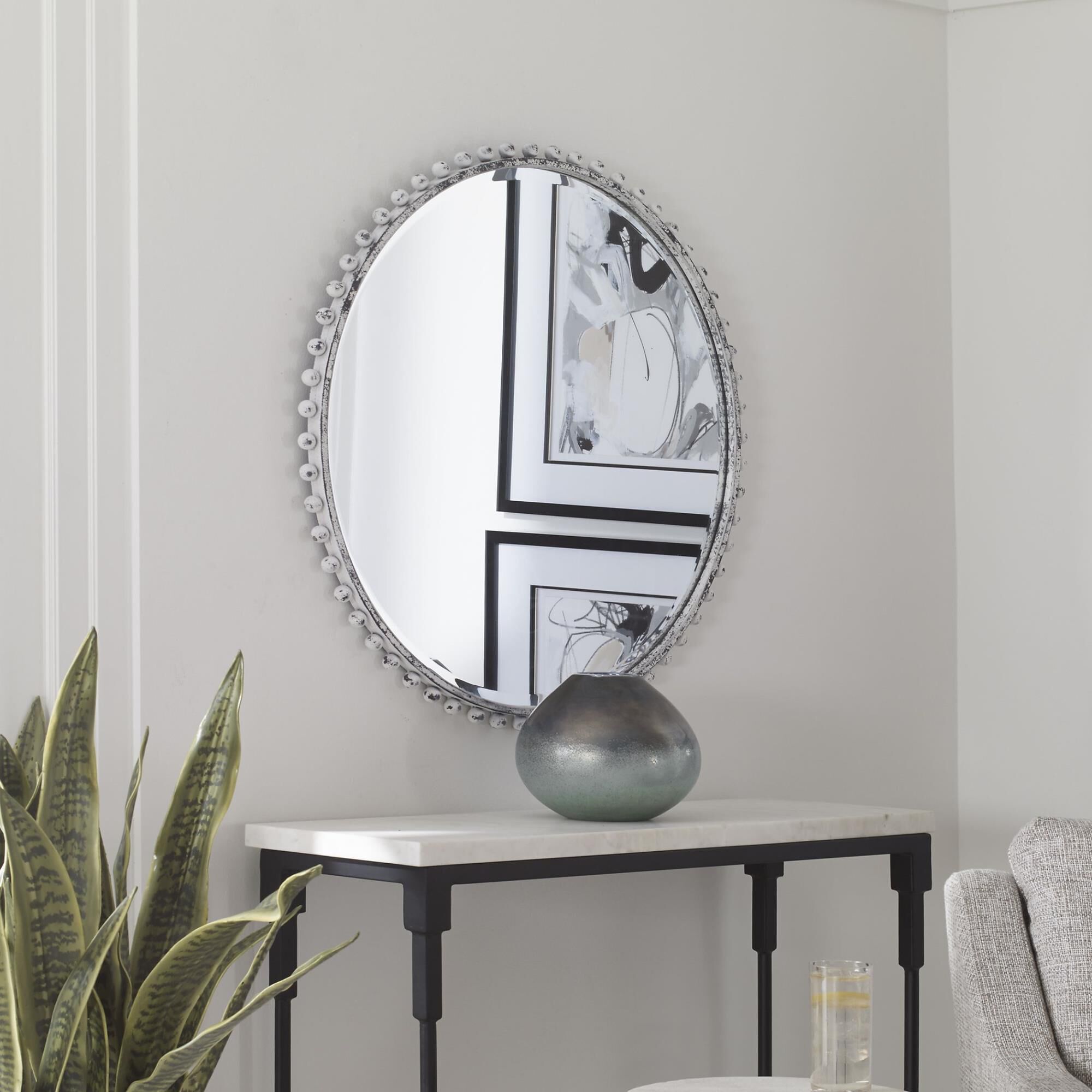 Shown in Petite Iron Spheres Line The Outer Edge Of This Round Frame, Finished In A Heavily Distressed Aged W finish