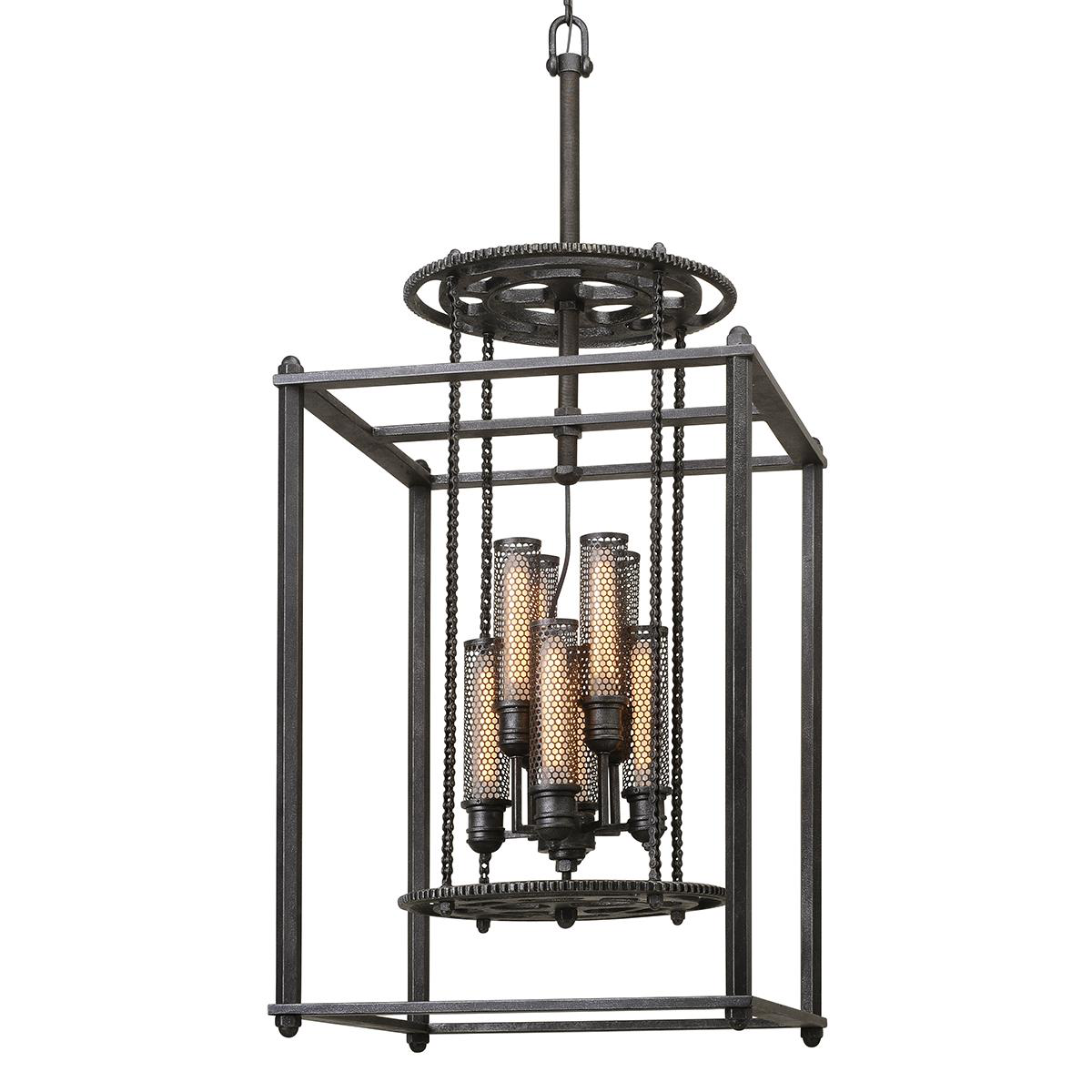 Shown in Aged Pewter finish and Aged Pewter glass and Hand-Worked Iron and Cast Aluminum shade
