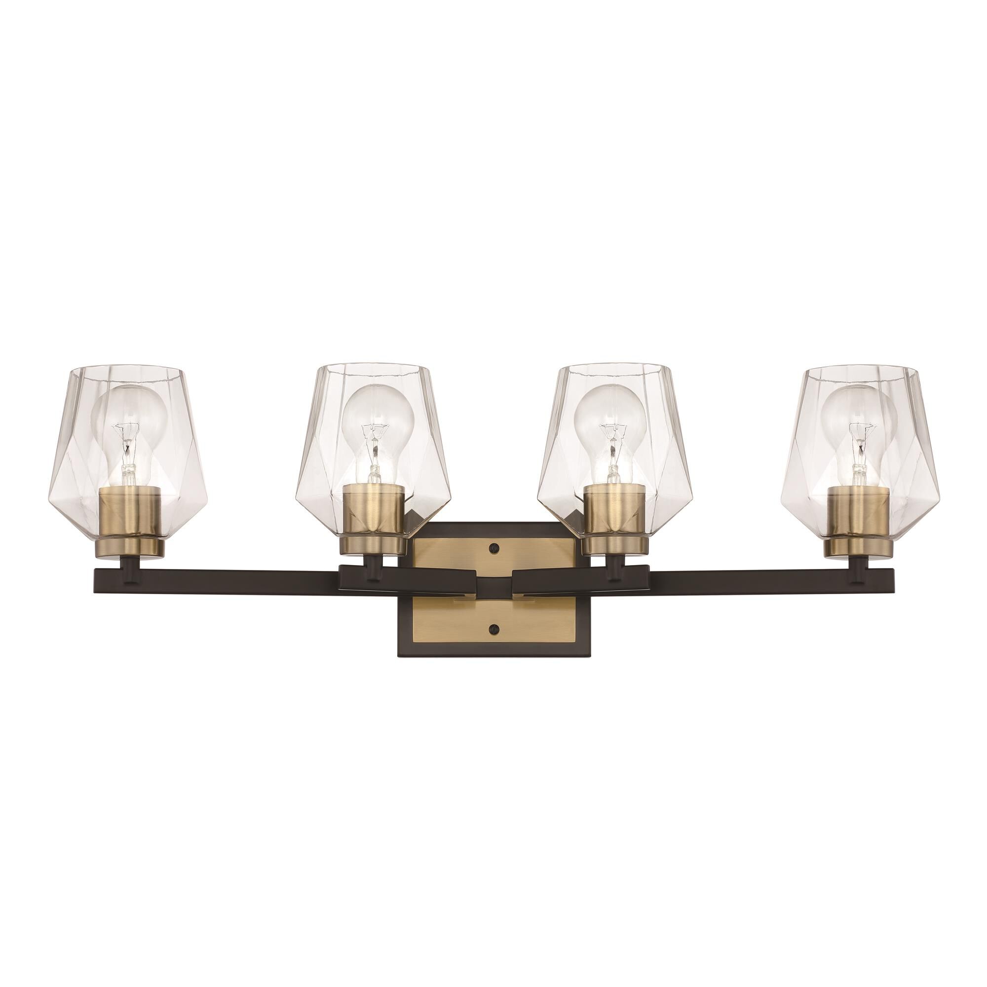 Shown in Flat Black/Satin Brass finish and Clear glass