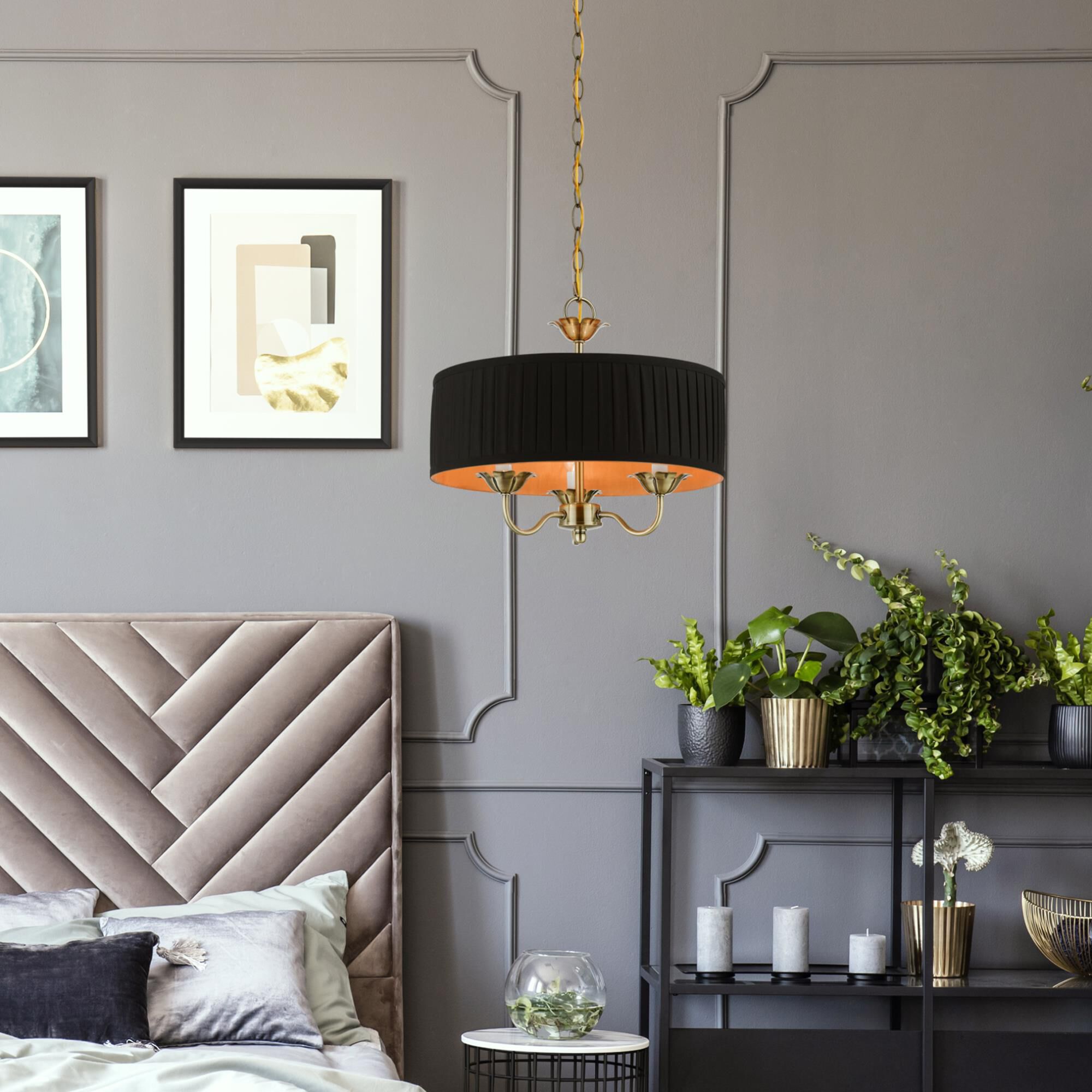 Shown in Antique Brass finish and Black Fabric Hardback with Orange Fabric Inside shade