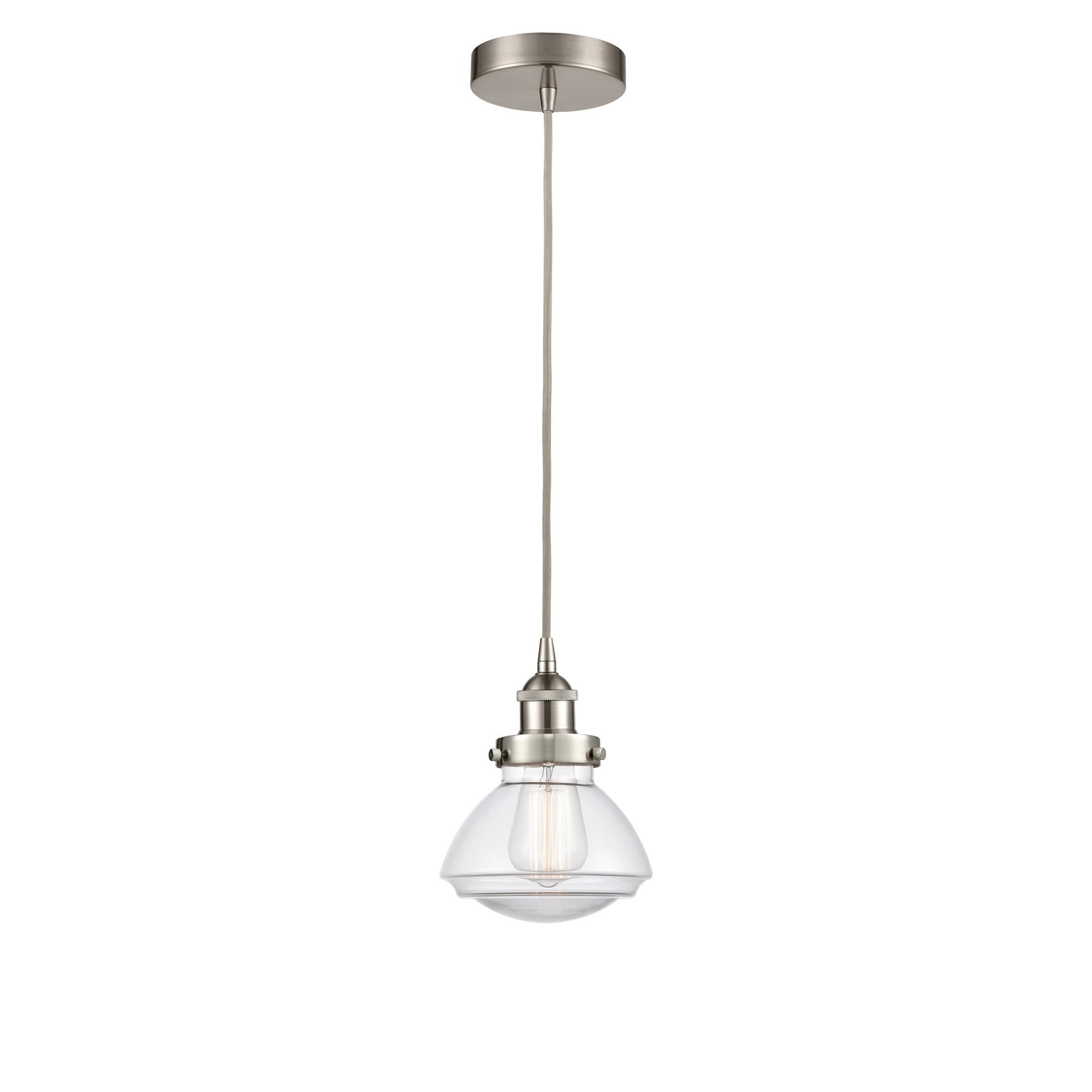 Shown in Brushed Satin Nickel finish and Clear Olean glass