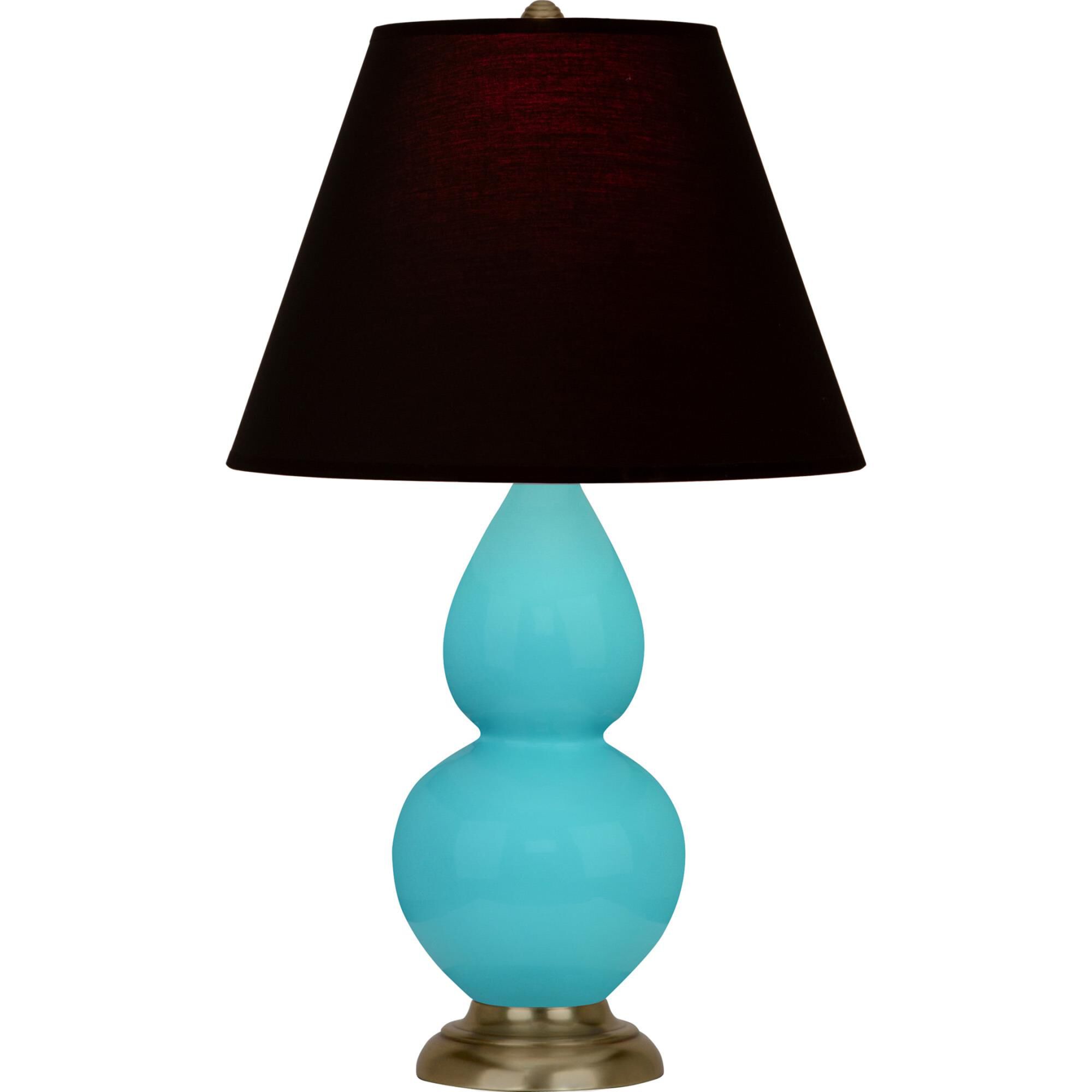 Shown in Egg Blue Antique Brass finish and Ink Black with Rose Red Lining Fabric shade and Antique Brass accent