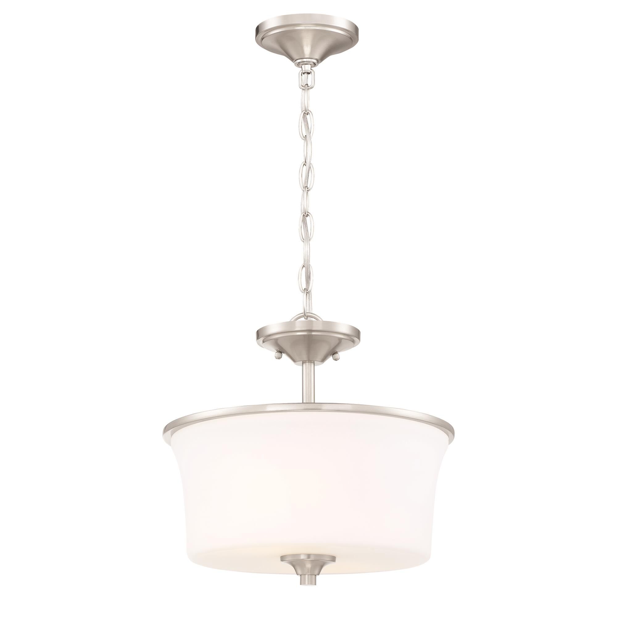 Shown in Brushed Polished Nickel finish and White Frosted glass and Glass shade