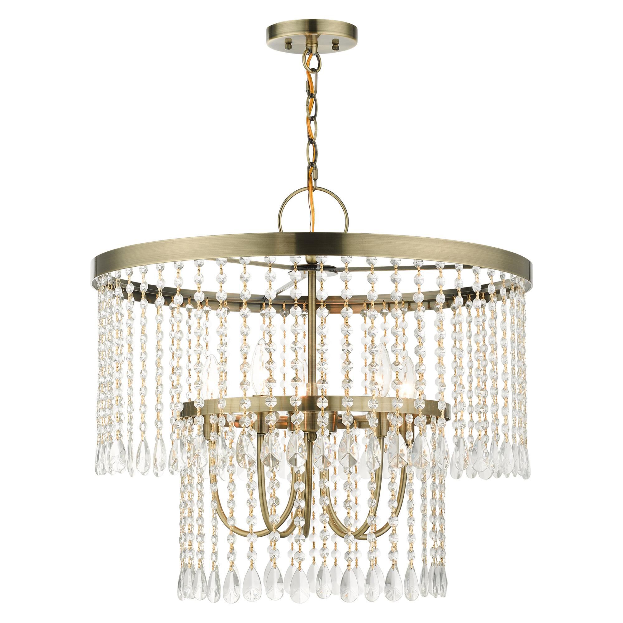 Shown in Antique Brass finish and Hand Assembled Crystal Shade glass