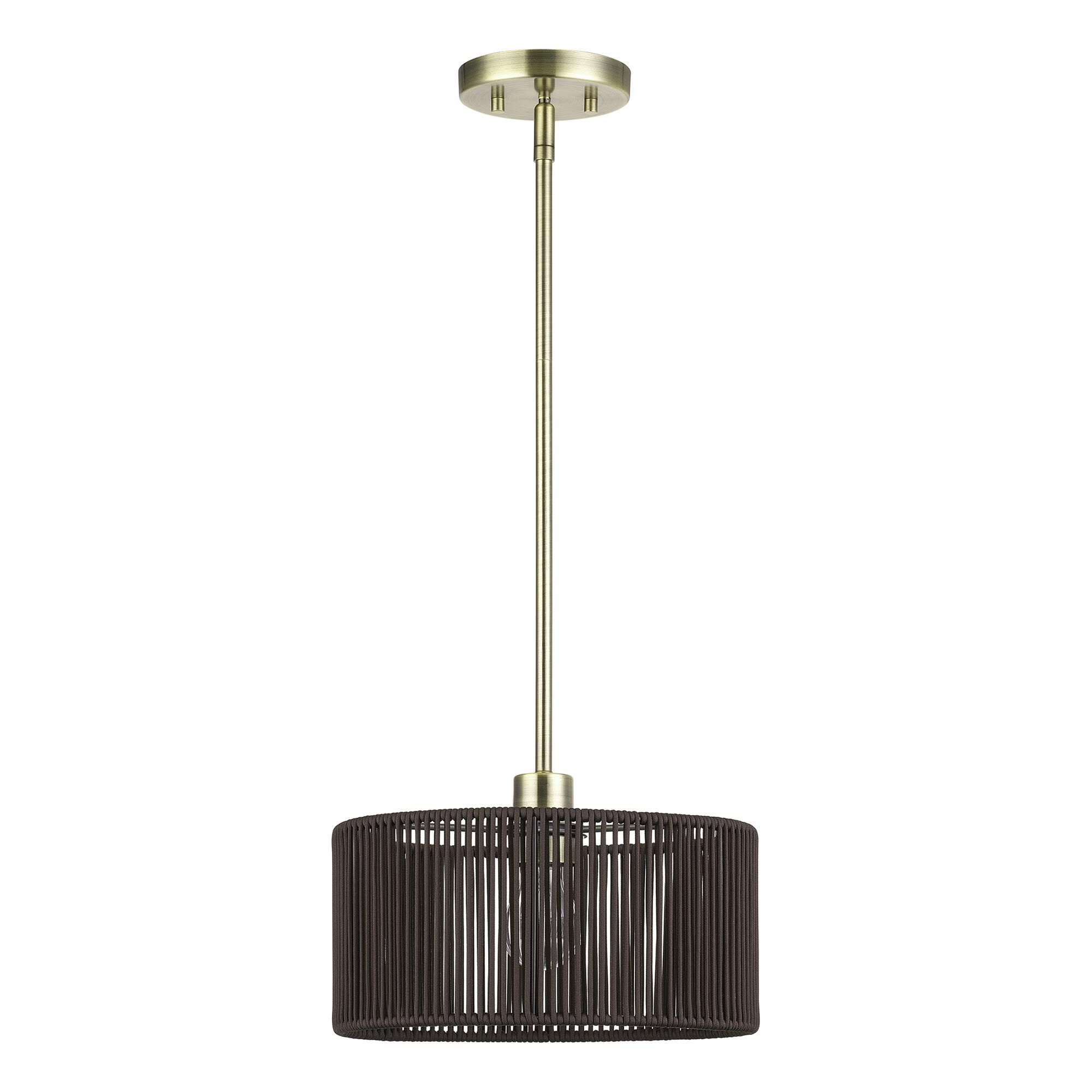 Shown in Antique Brass finish and Hand-Woven Dark Chocolate Color Polyester Rope shade
