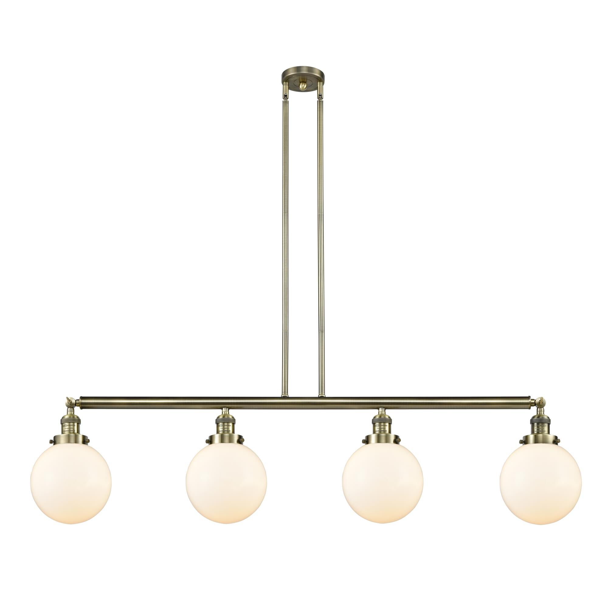 Shown in Antique Brass finish and Matte White Cased Beacon glass and None shade