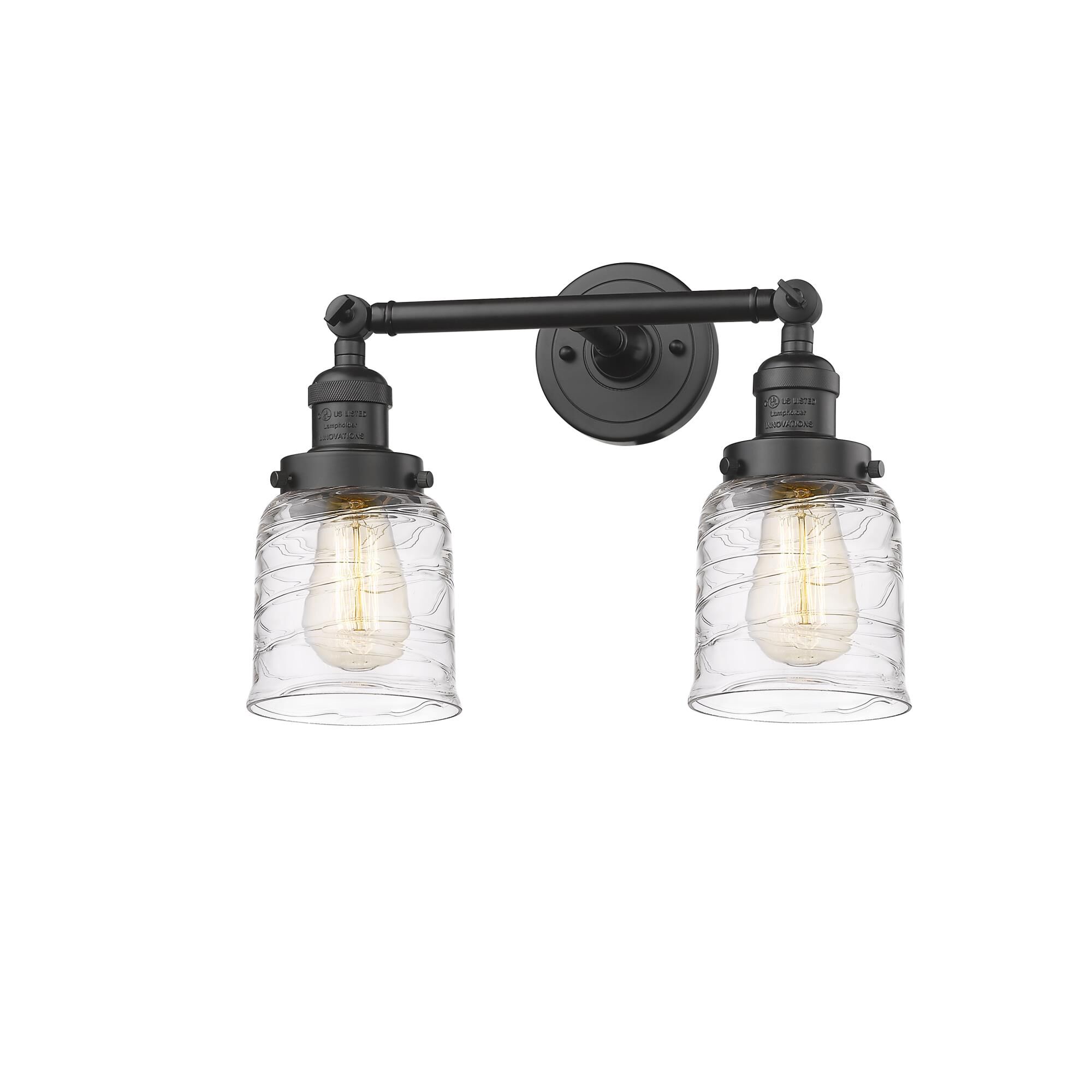 Shown in Oil Rubbed Bronze finish and Clear Deco Swirl Small Bell glass