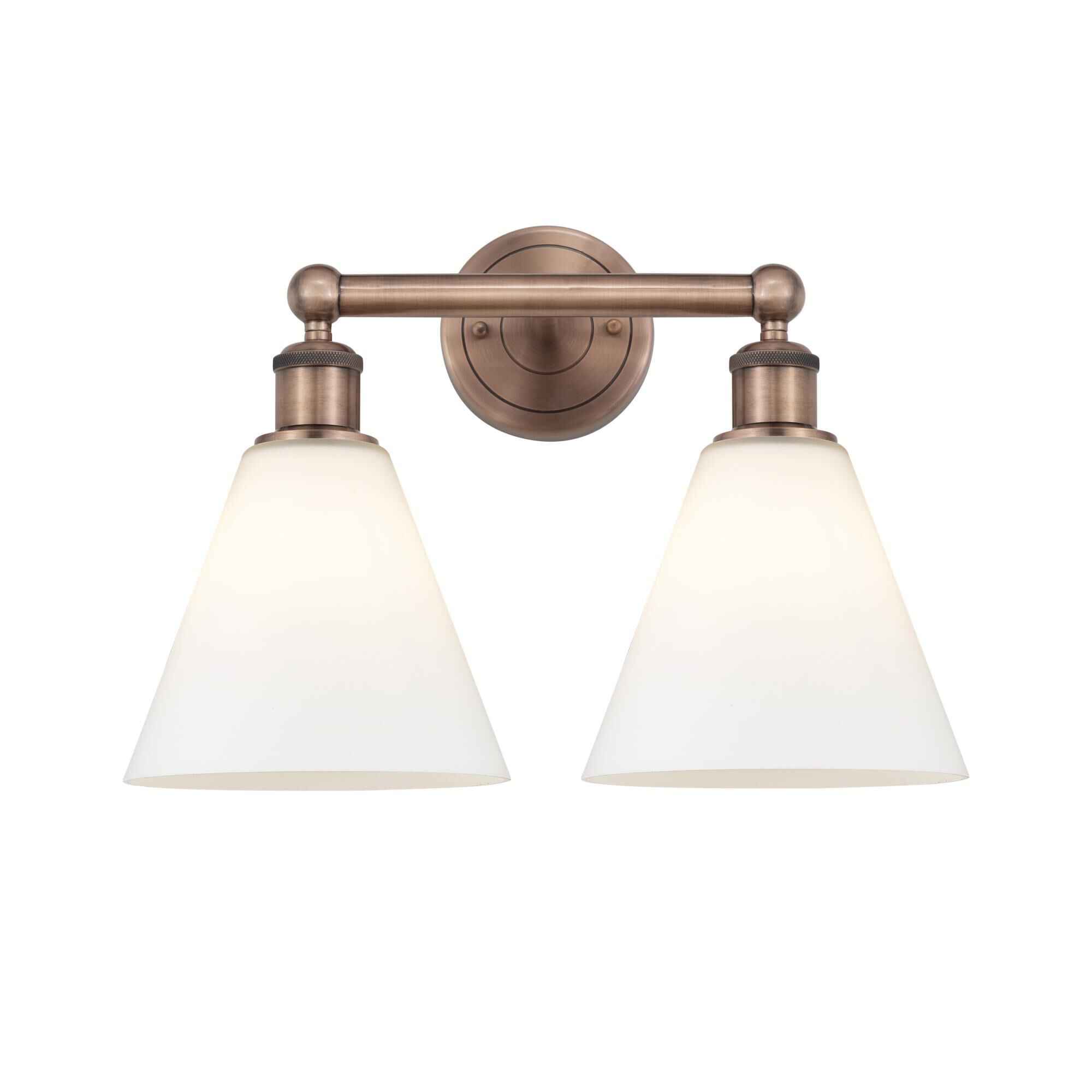 Shown in Antique Copper finish and Matte White glass