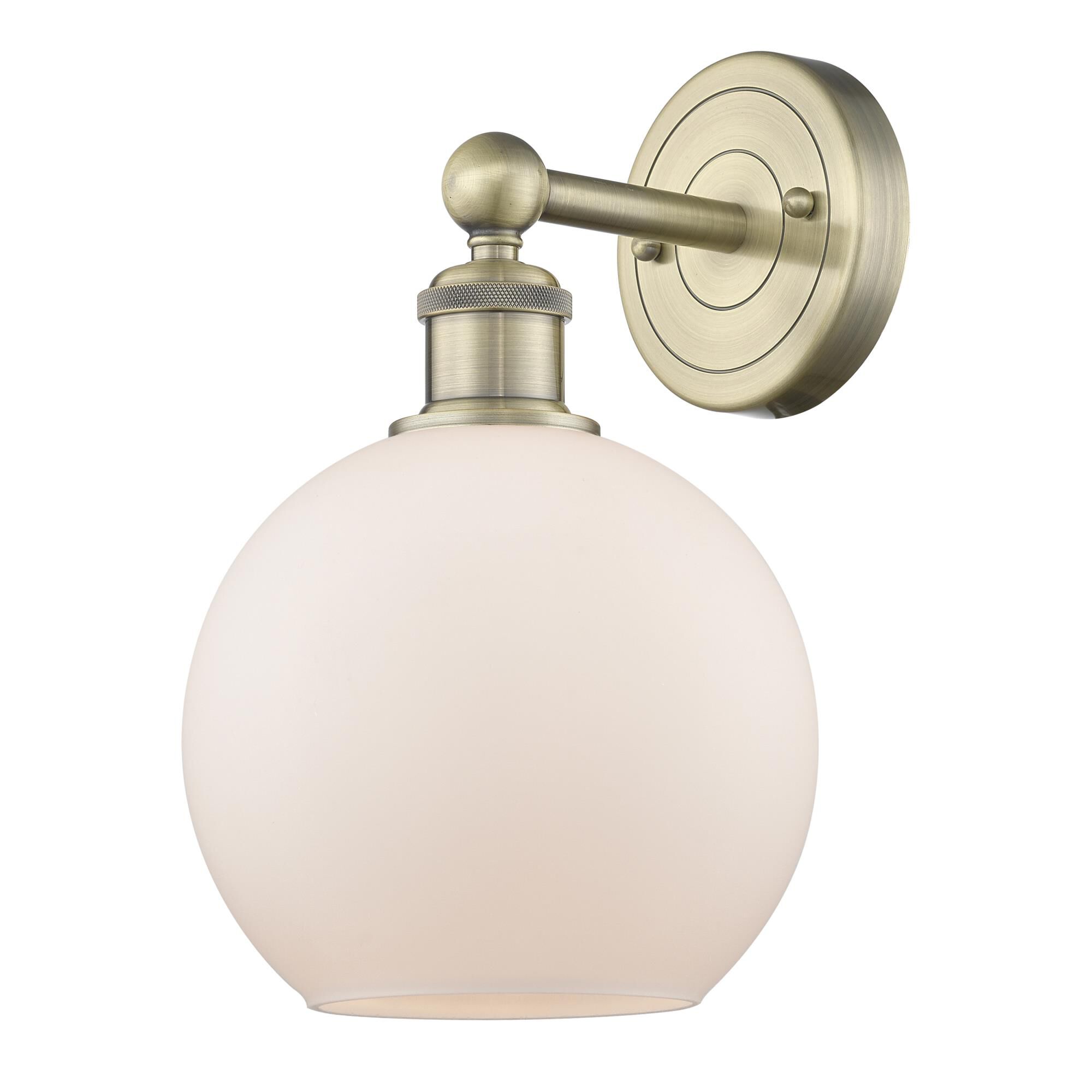 Shown in Antique Brass finish and Matte White glass