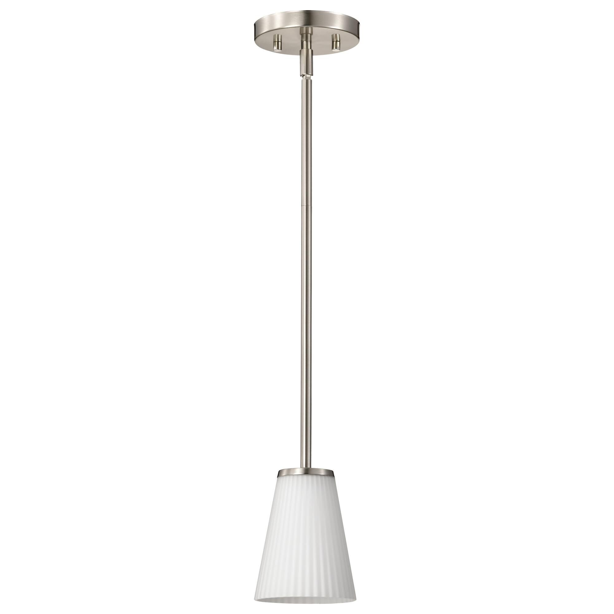 Shown in Brushed Nickel finish and Ribbed White glass