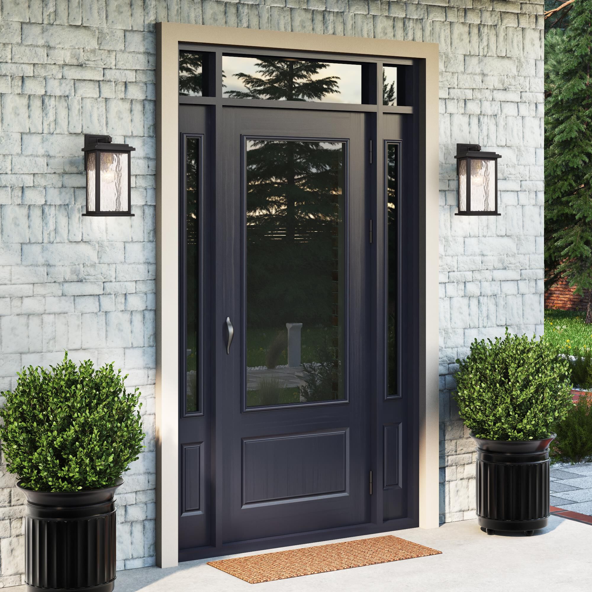 Shown in Black and Brass finish and Rain glass