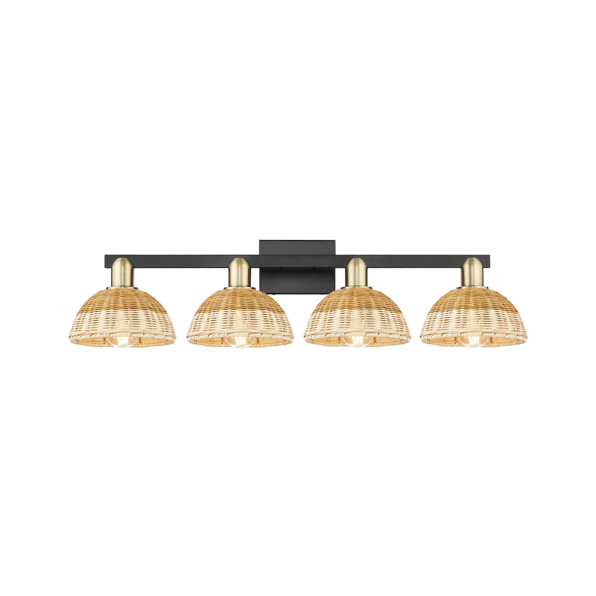 Shown in Black Antique Brass finish and Natural Fiber shade
