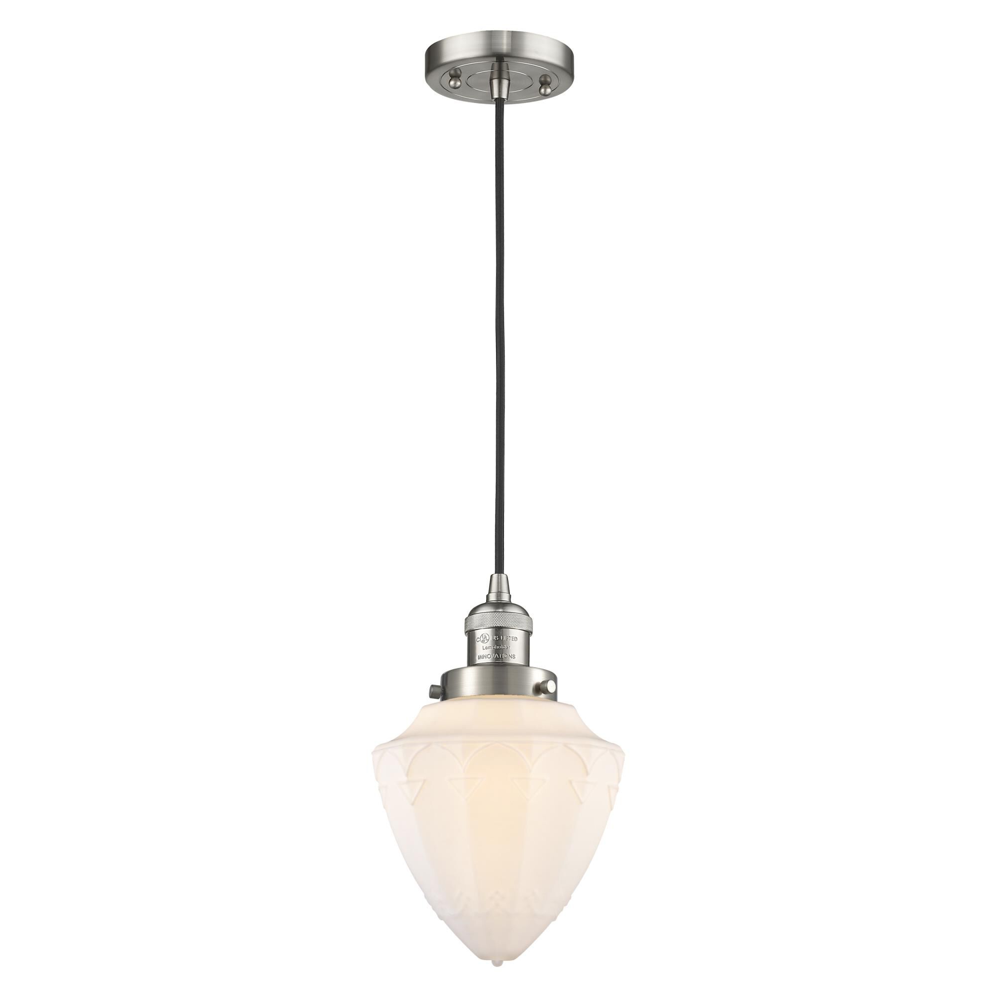 Shown in Brushed Satin Nickel finish and Matte White Cased Small Bullet glass