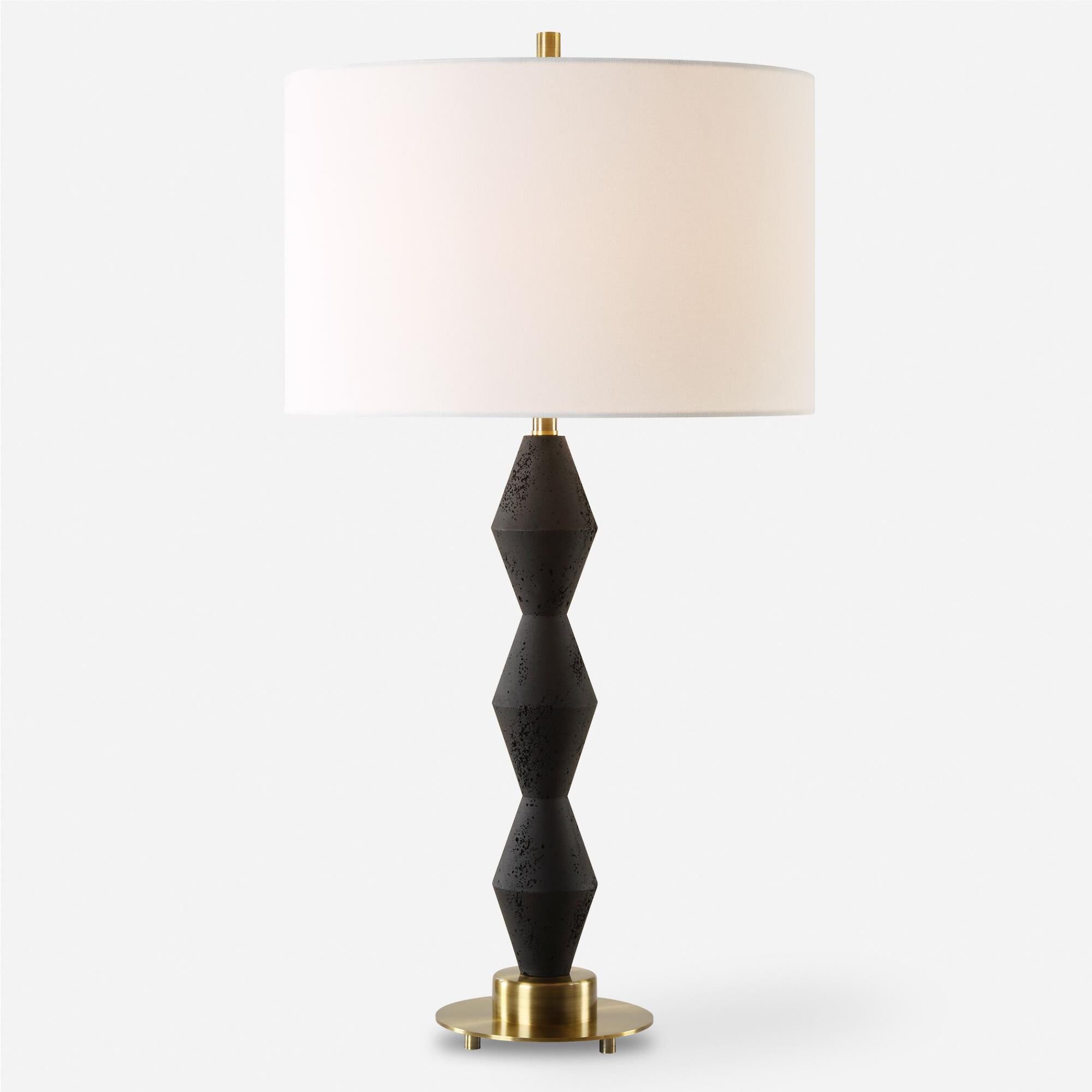 Shown in This Table Lamp Is Crafted From Cast Black Man-Made Stone For A Bold Yet Refined Aesthetic. Its Dist finish and Round Drum Hardback shade