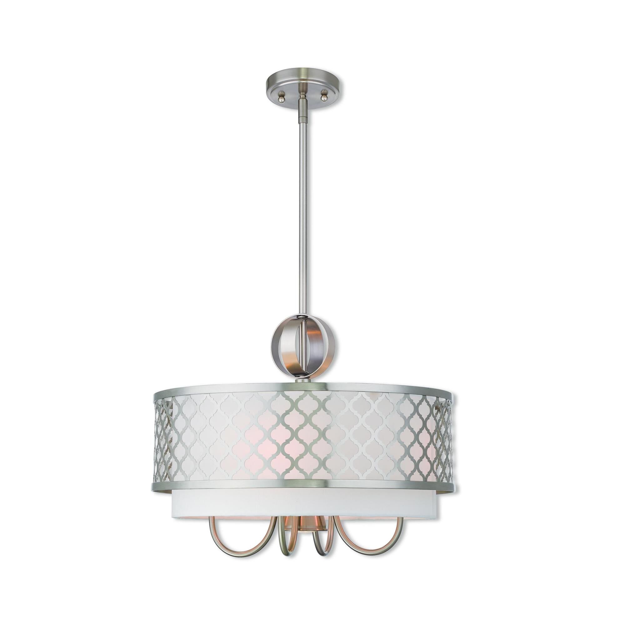 Shown in Brushed Nickel finish and Hand Crafted Off-White Fabric Outside & White Fabric Inside Hardback shade