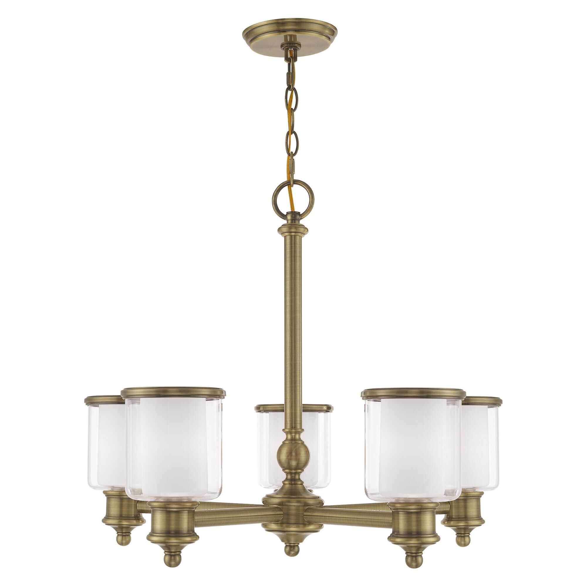 Shown in Antique Brass finish and Hand Blown Clear Outside and Satin Opal White Inside glass