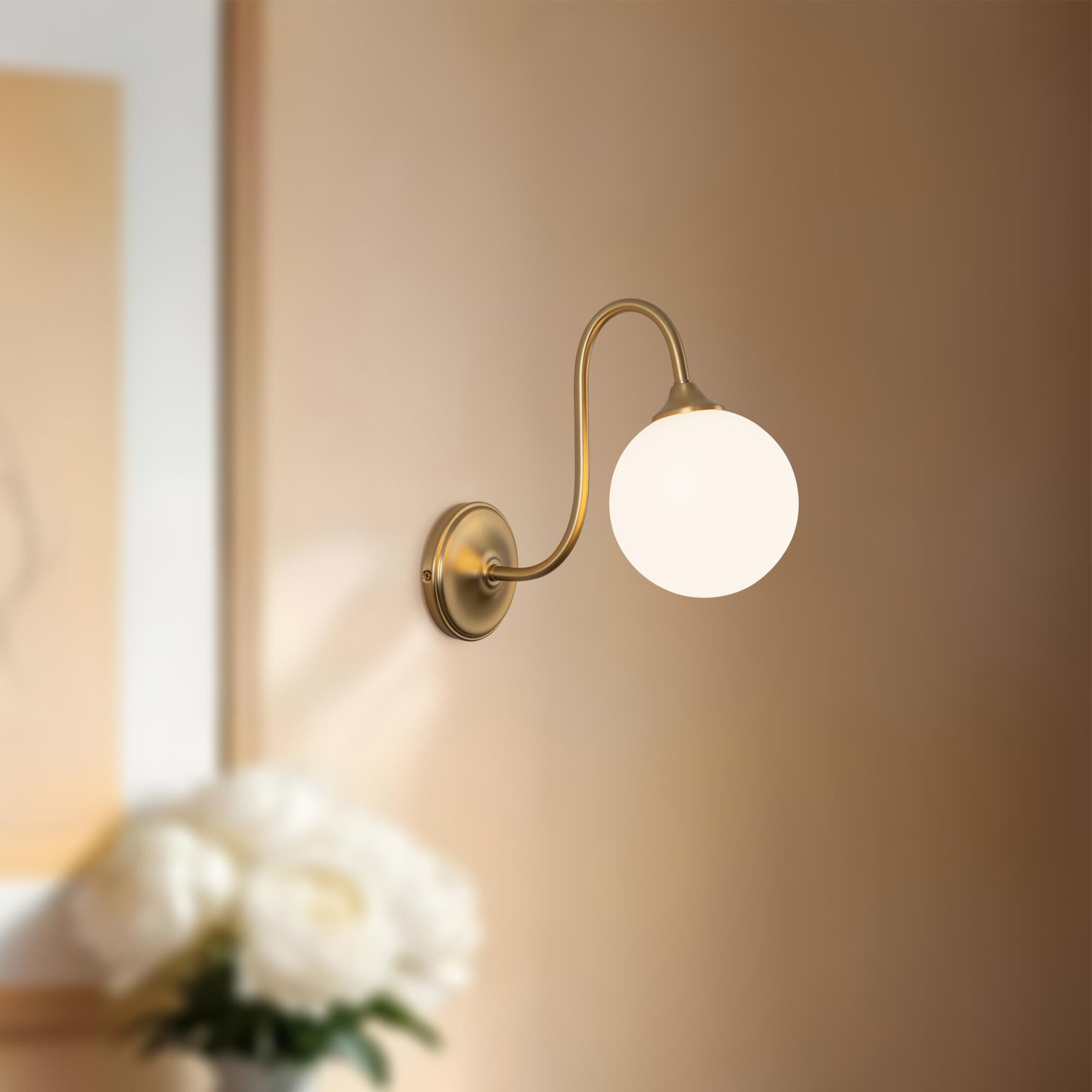 Shown in Brushed Gold finish and Matte Opal glass