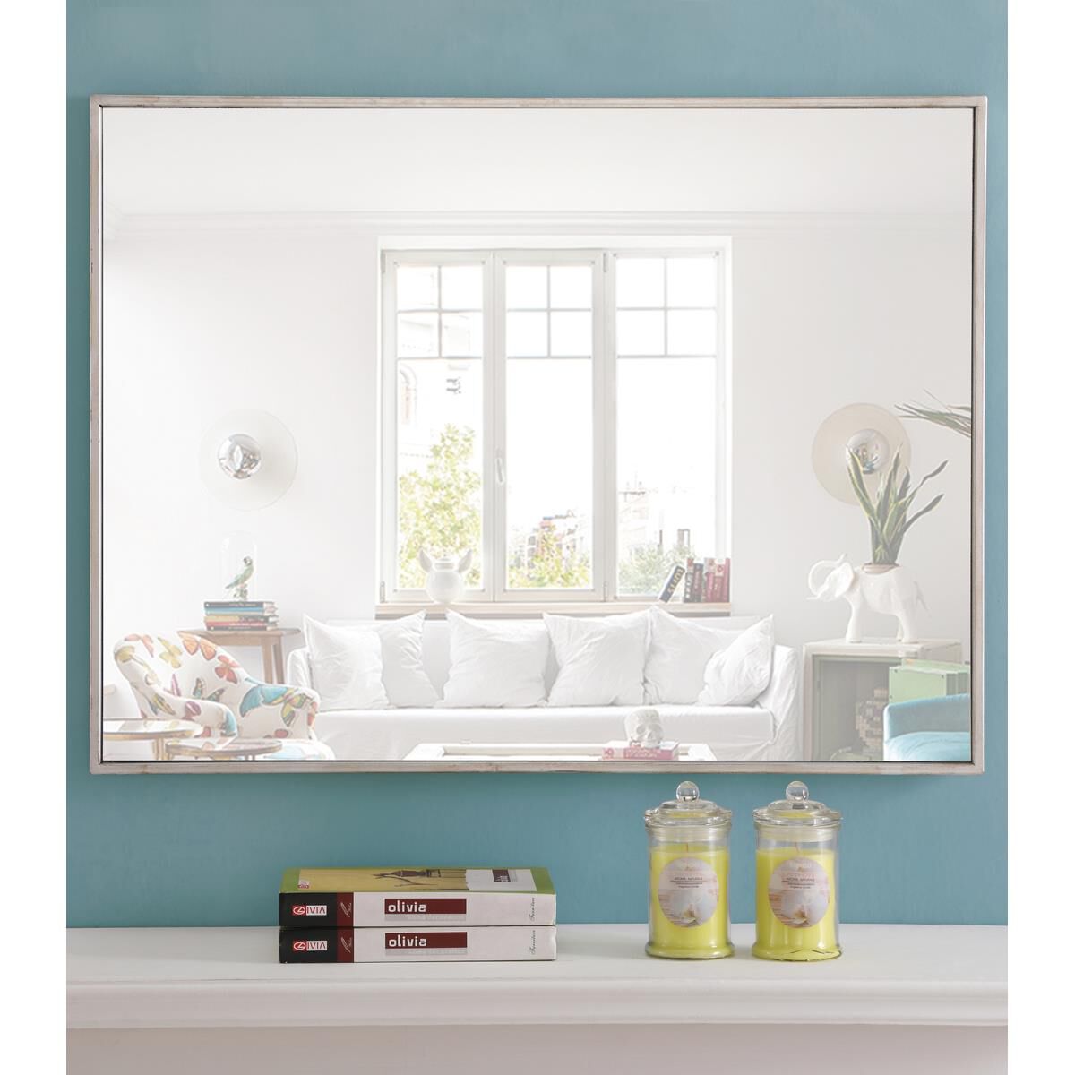 Shown in Silver finish and Clear Mirror Beveled glass