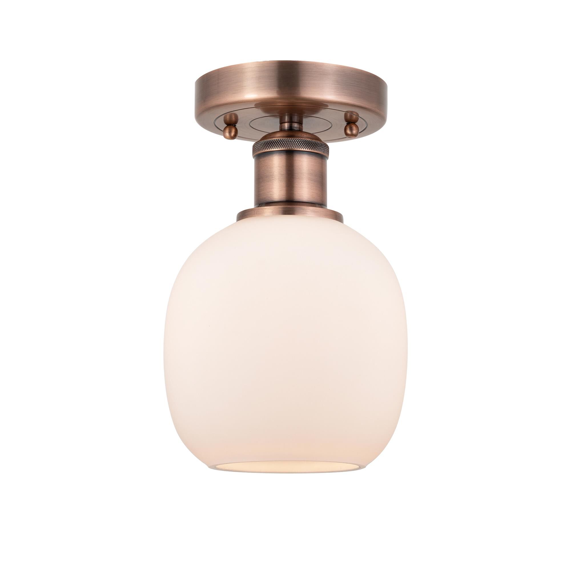 Shown in Antique Copper finish and Matte White glass